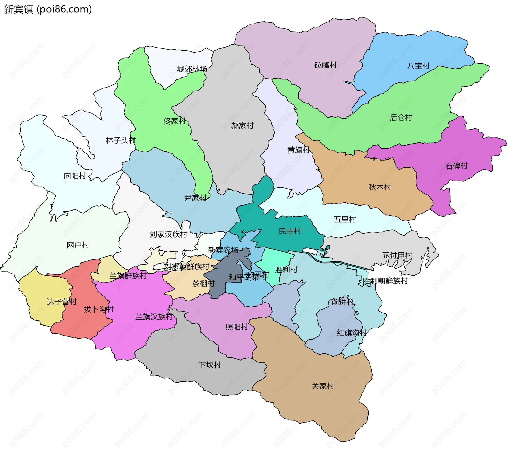 新宾镇边界地图(五级行政区划)