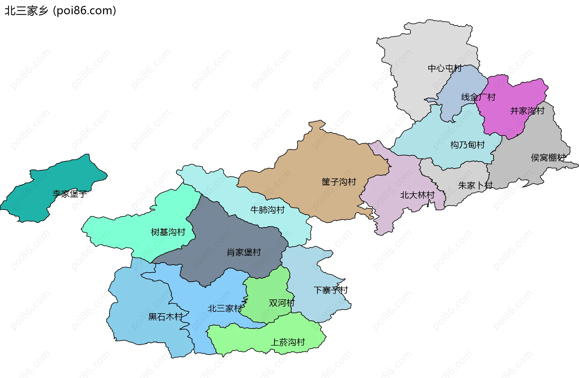 北三家乡边界地图(五级行政区划)