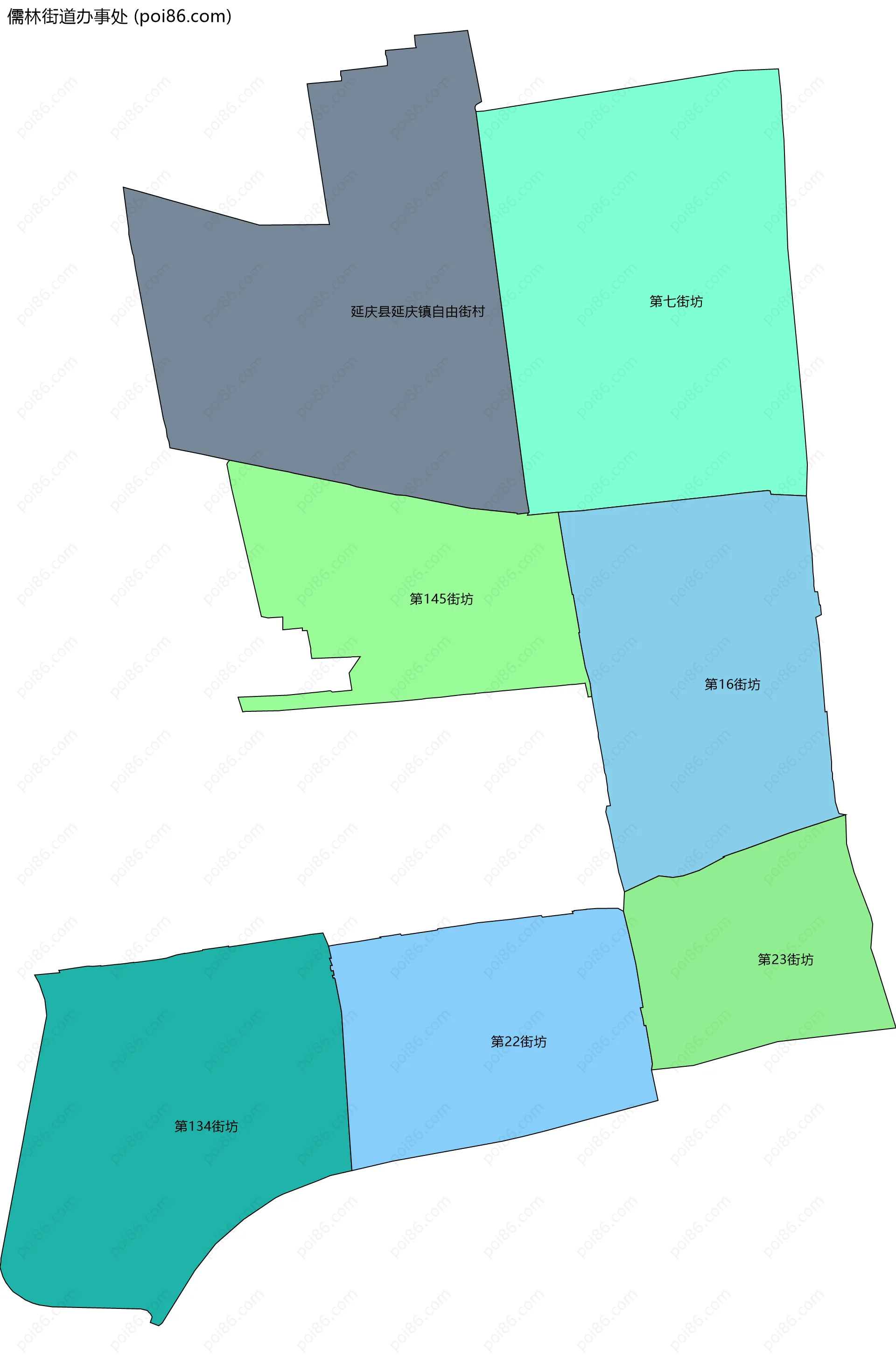 儒林街道办事处边界地图(五级行政区划)