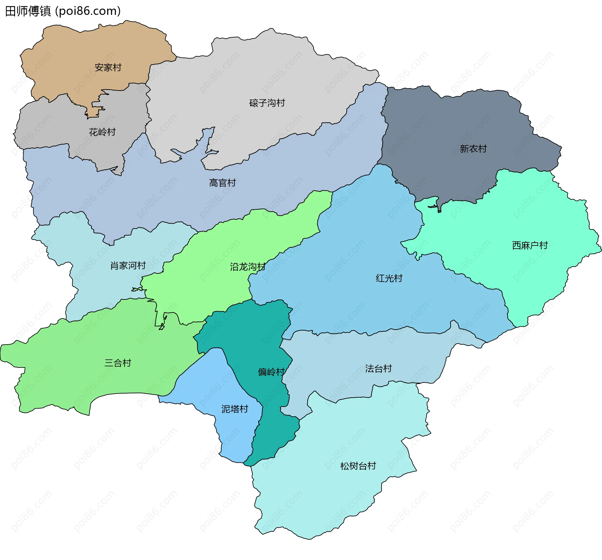 田师傅镇边界地图(五级行政区划)