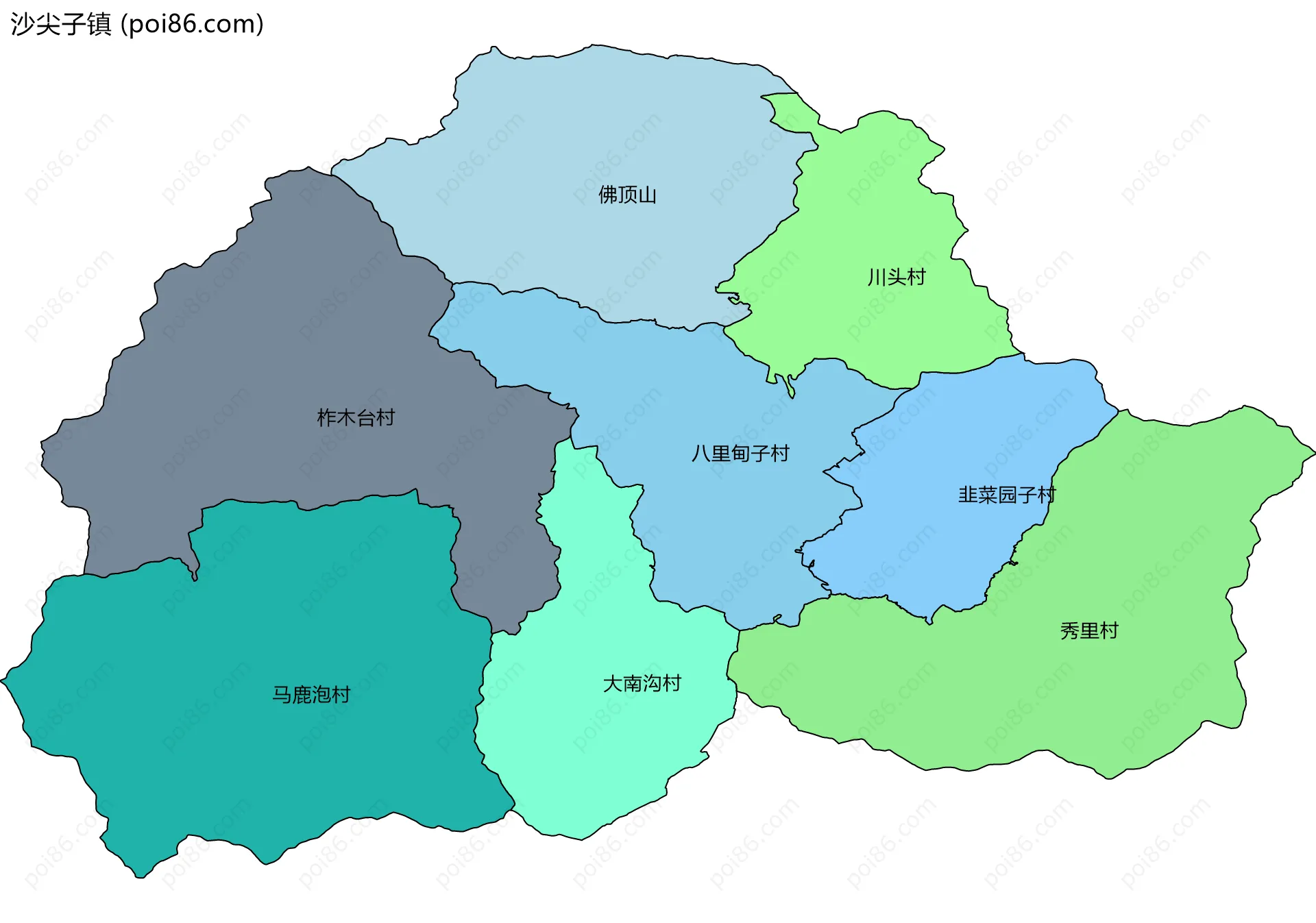 沙尖子镇边界地图(五级行政区划)