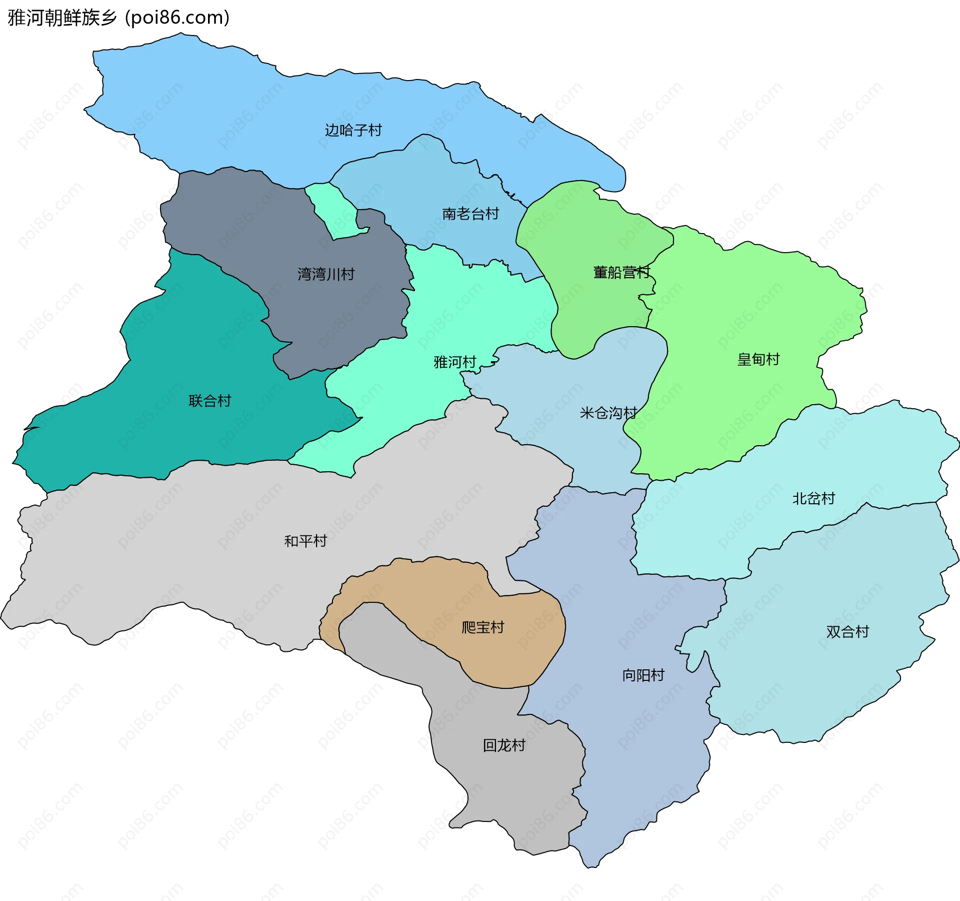 雅河朝鲜族乡边界地图(五级行政区划)