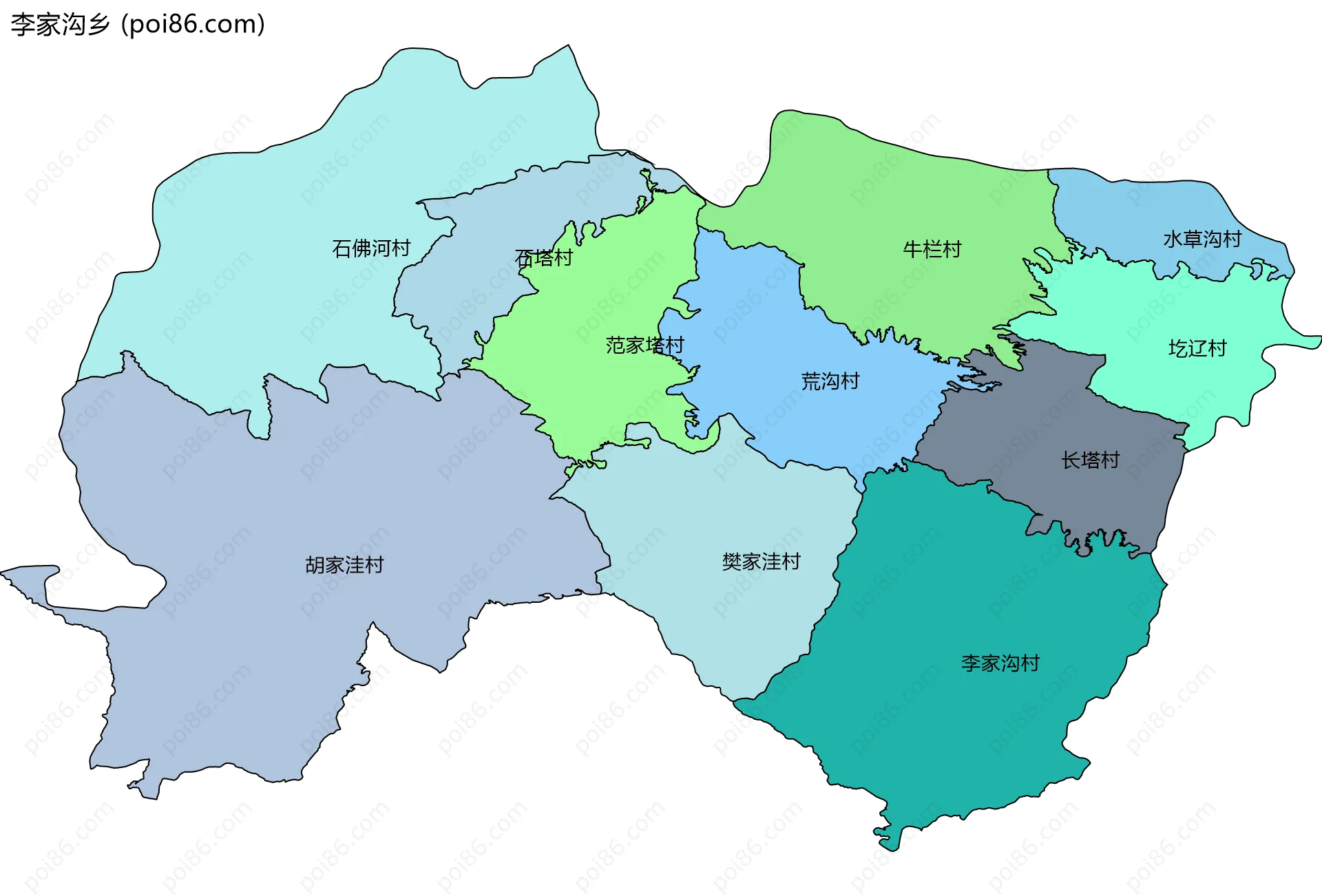 李家沟乡边界地图(五级行政区划)