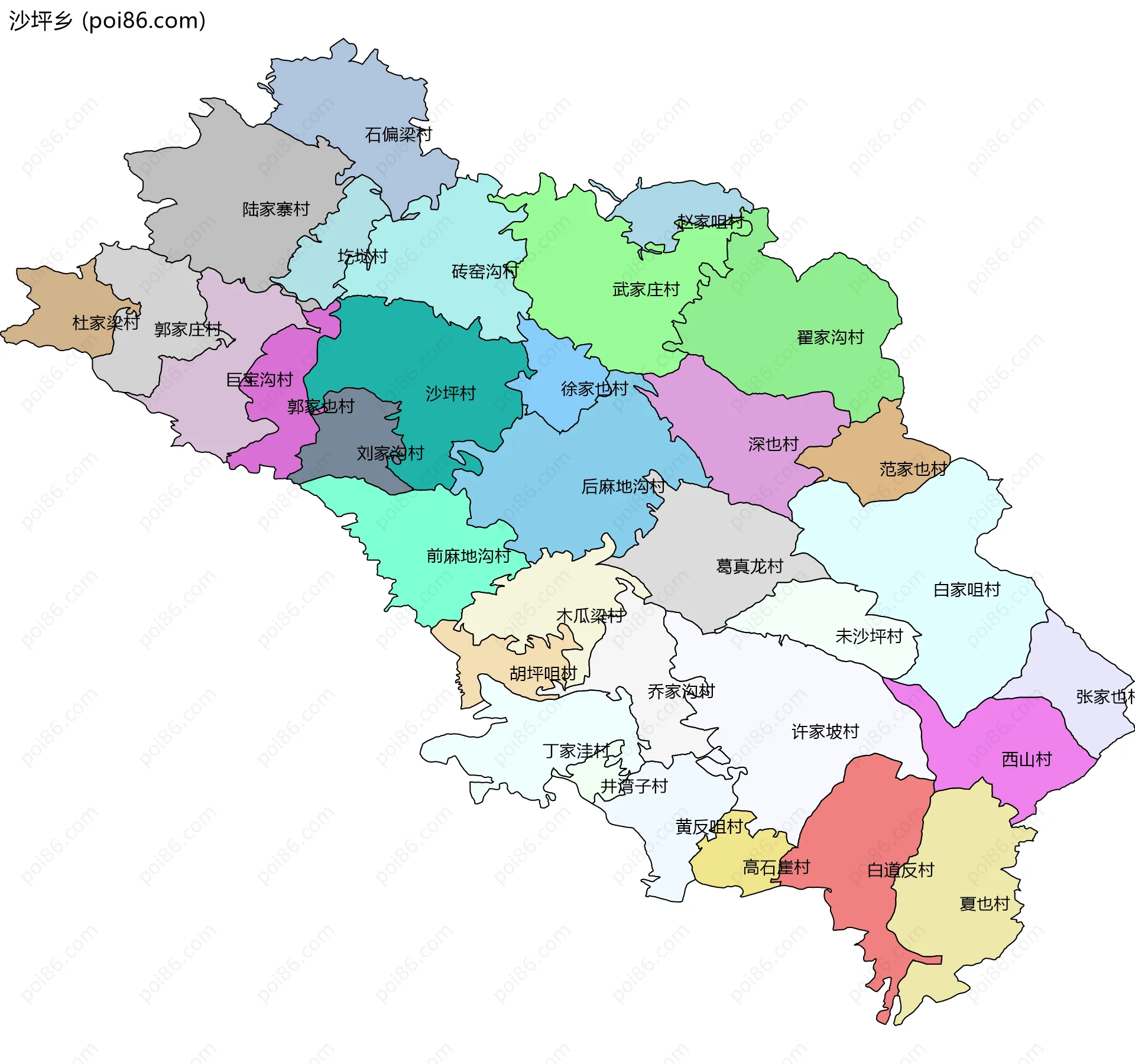 沙坪乡边界地图(五级行政区划)