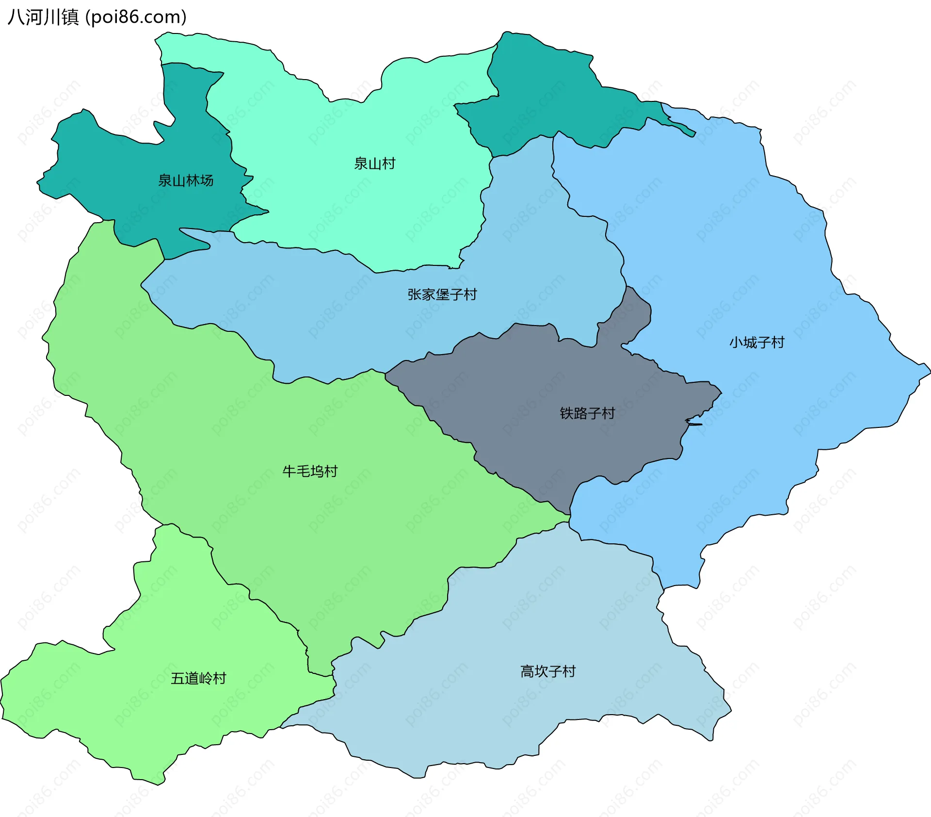 八河川镇边界地图(五级行政区划)