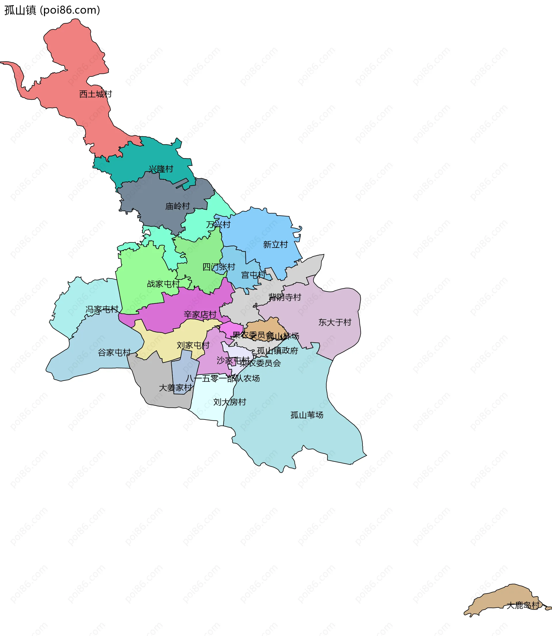 孤山镇边界地图(五级行政区划)