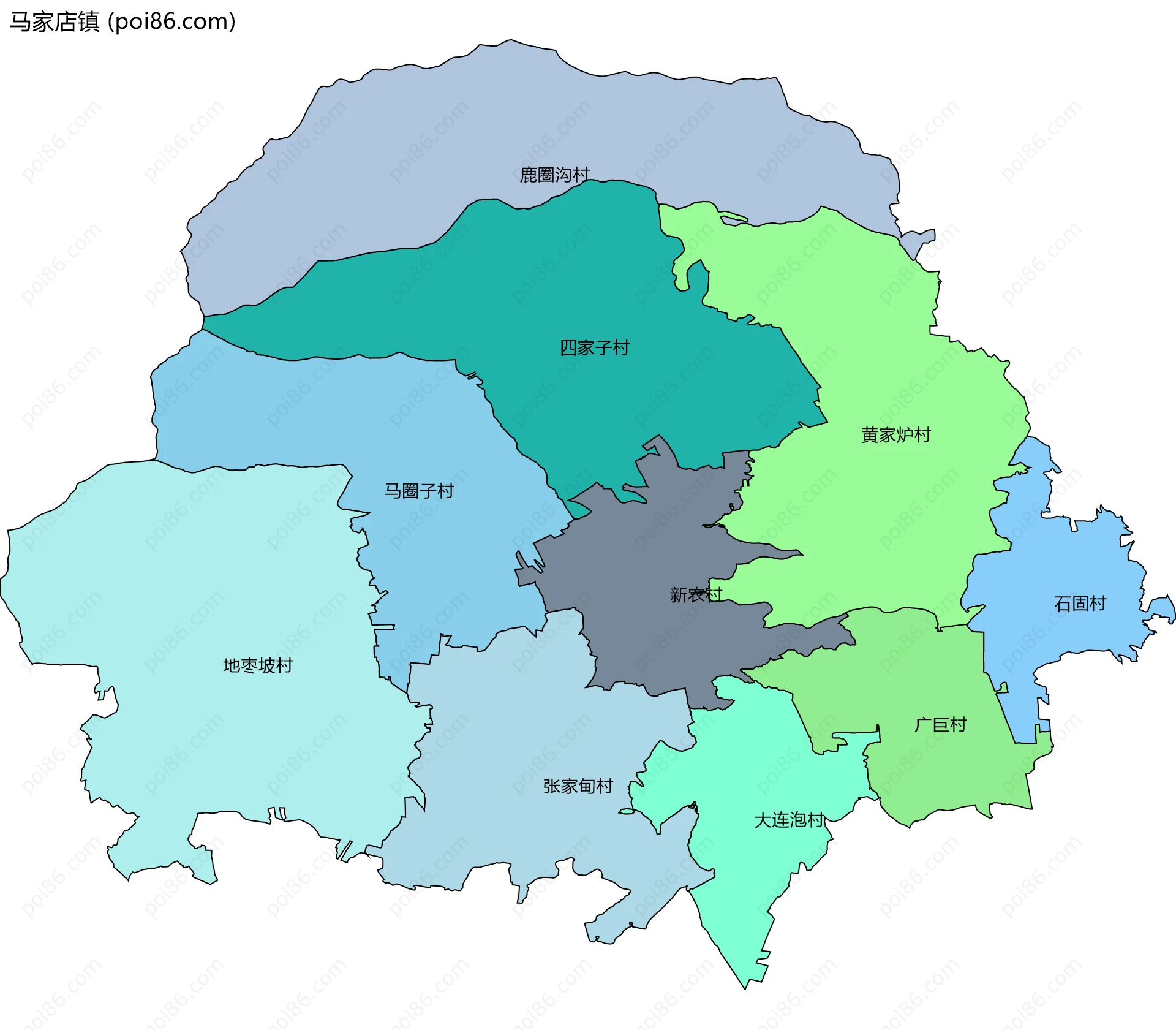 马家店镇边界地图(五级行政区划)