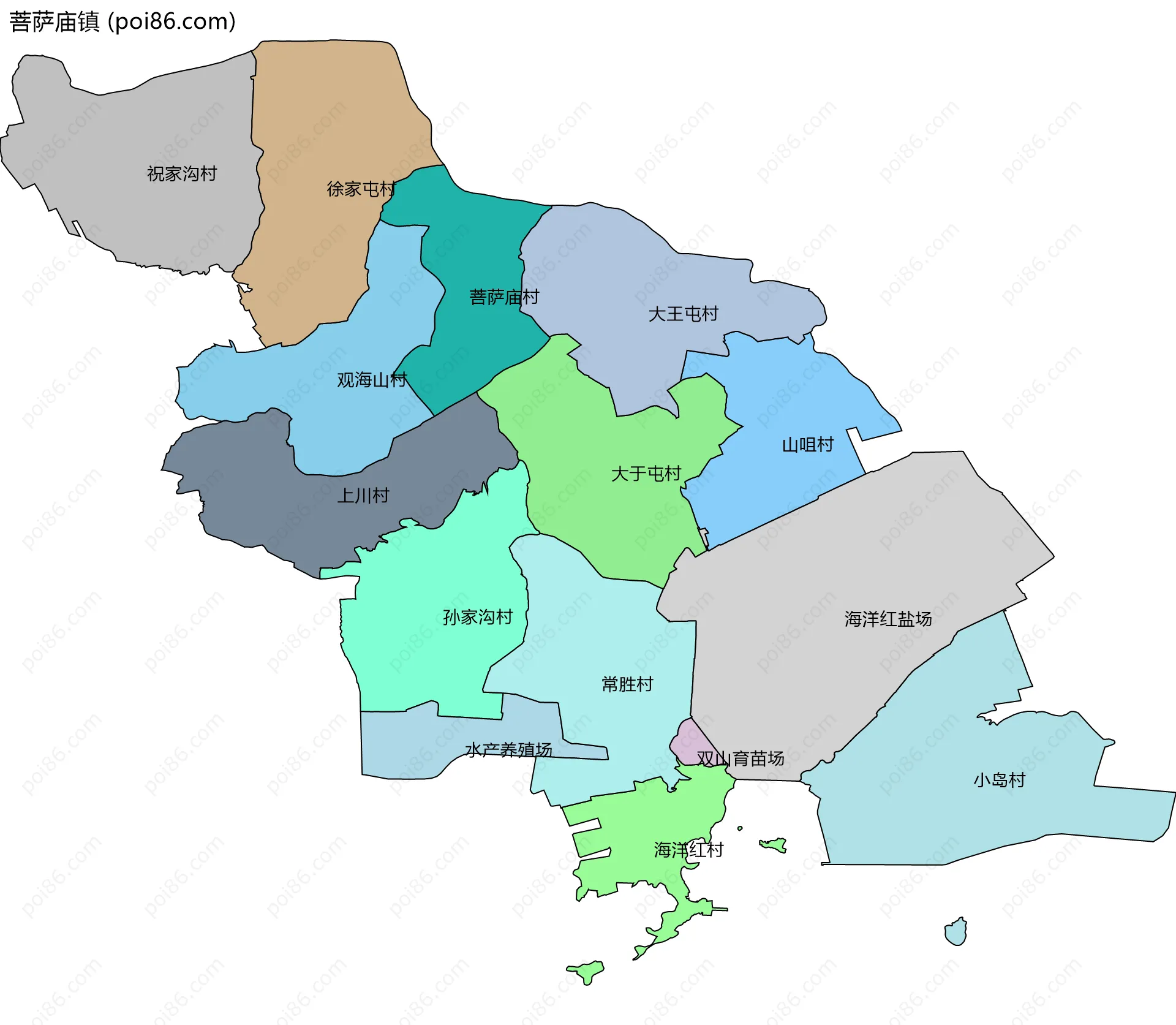 菩萨庙镇边界地图(五级行政区划)