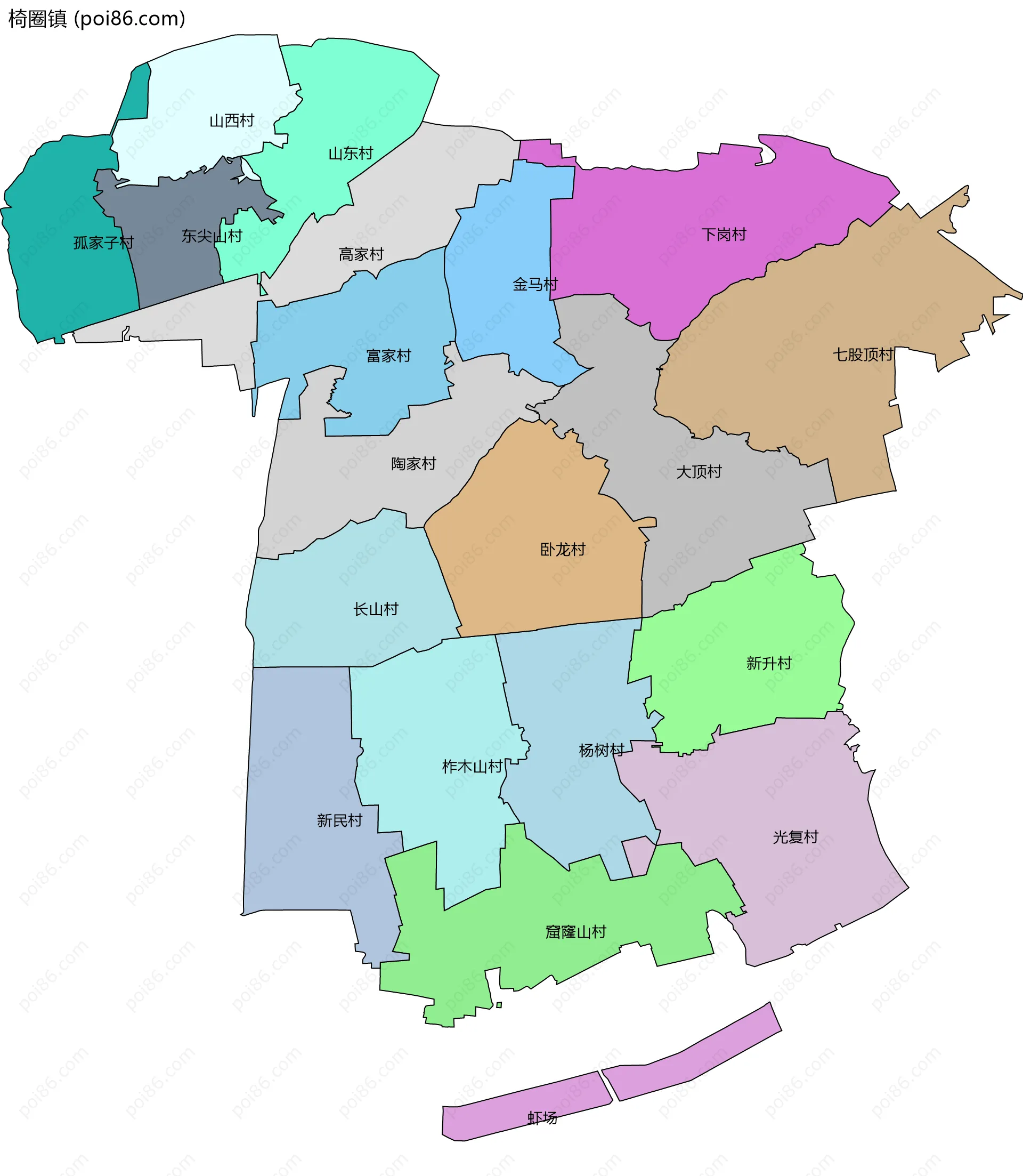 椅圈镇边界地图(五级行政区划)