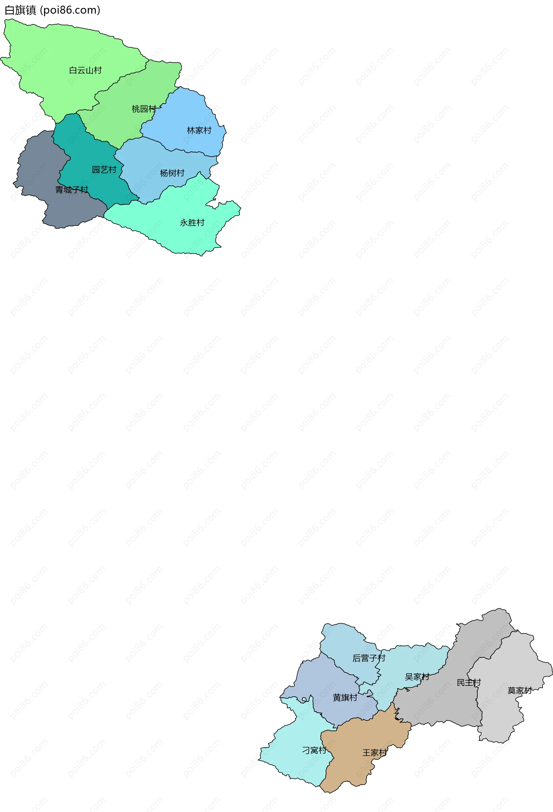 白旗镇边界地图(五级行政区划)