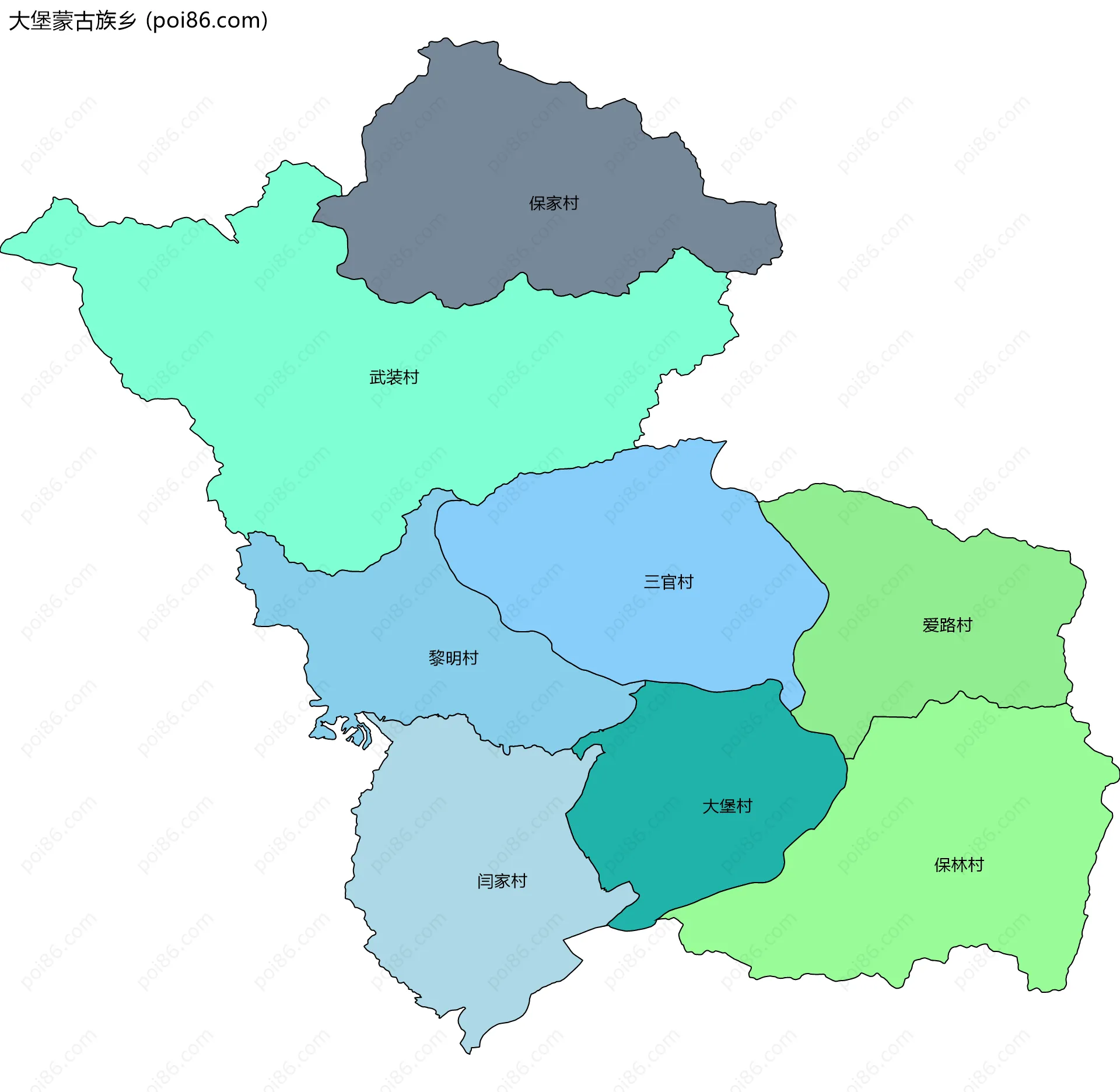 大堡蒙古族乡边界地图(五级行政区划)