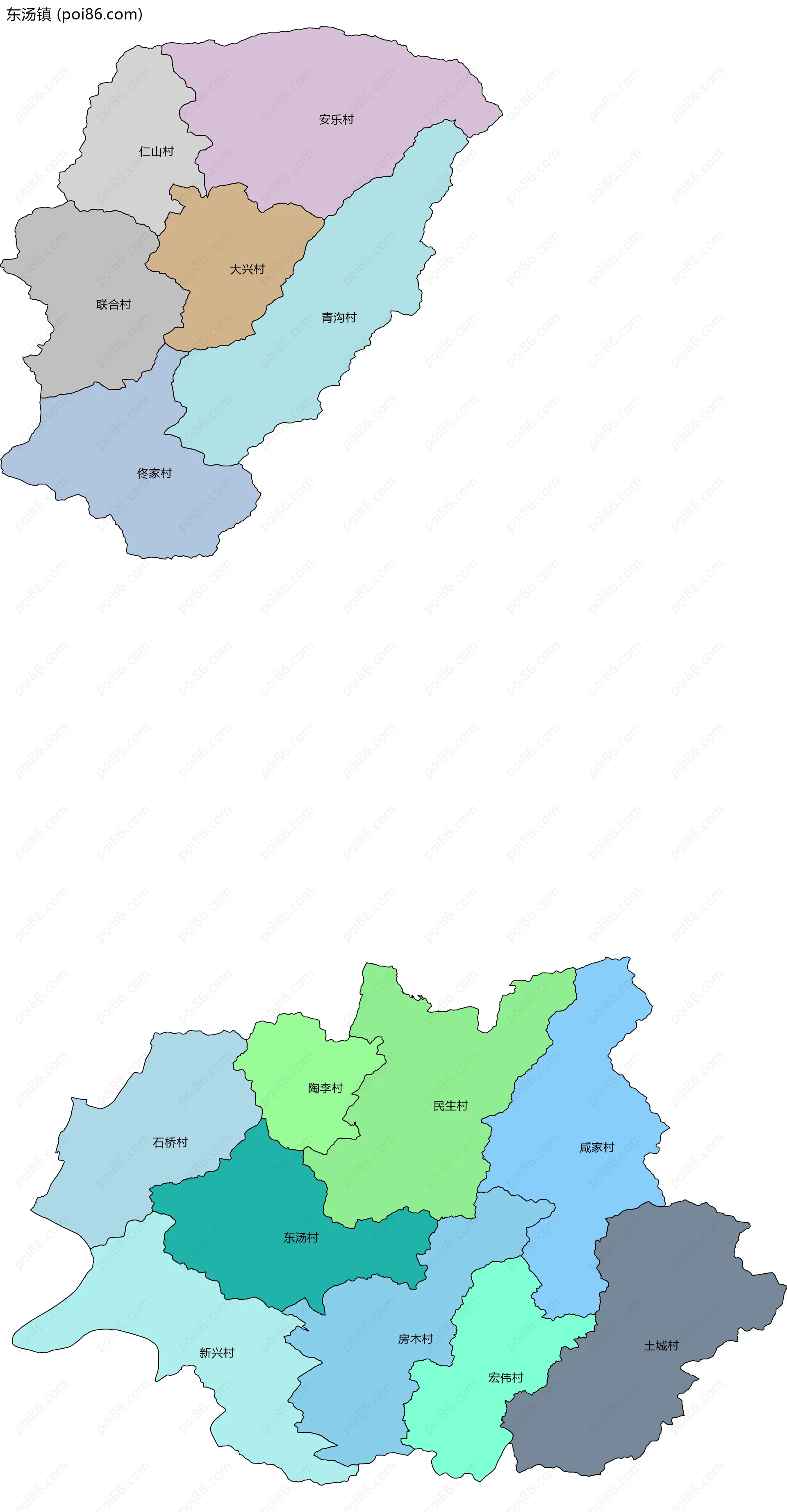 东汤镇边界地图(五级行政区划)