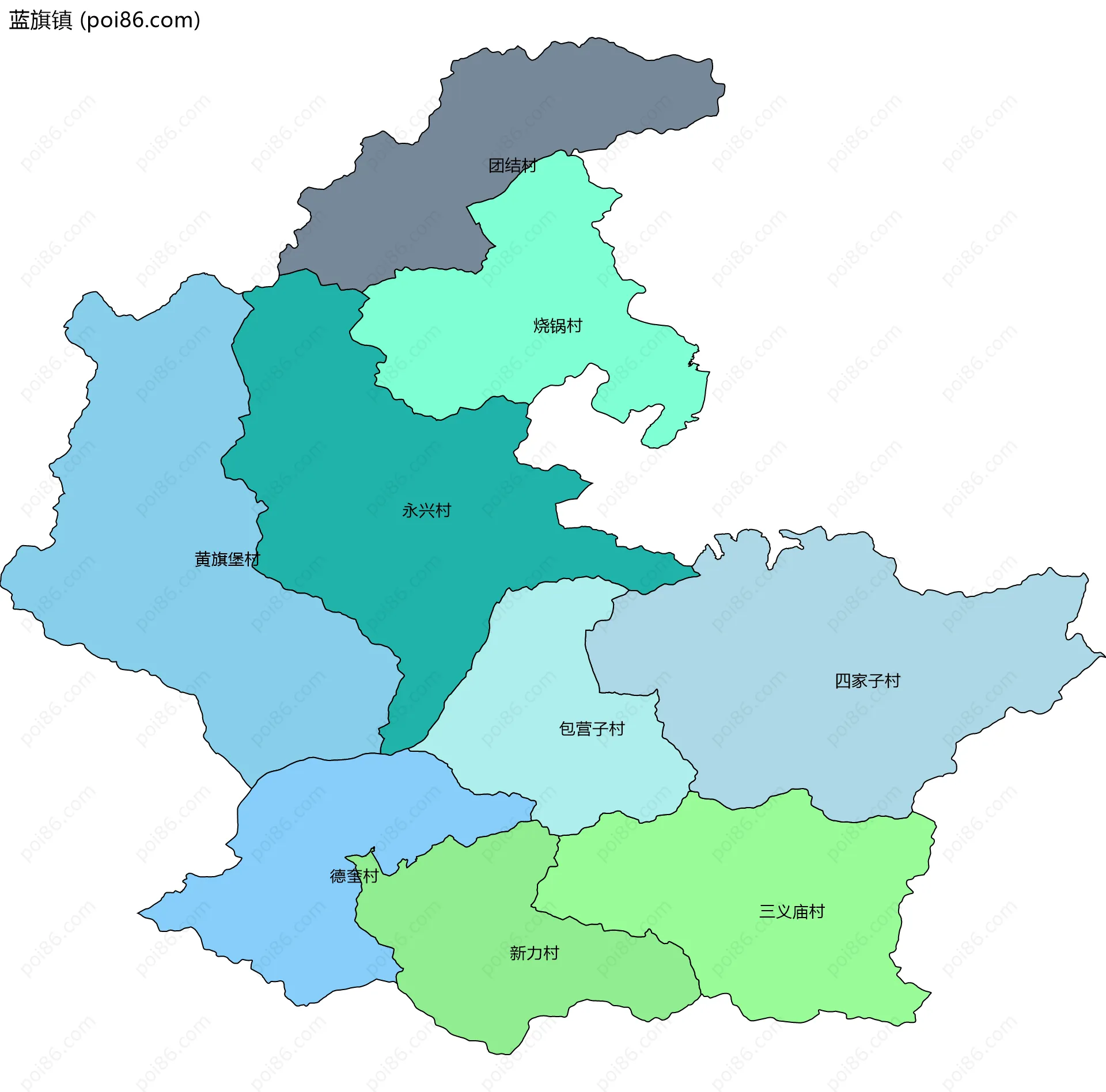 蓝旗镇边界地图(五级行政区划)