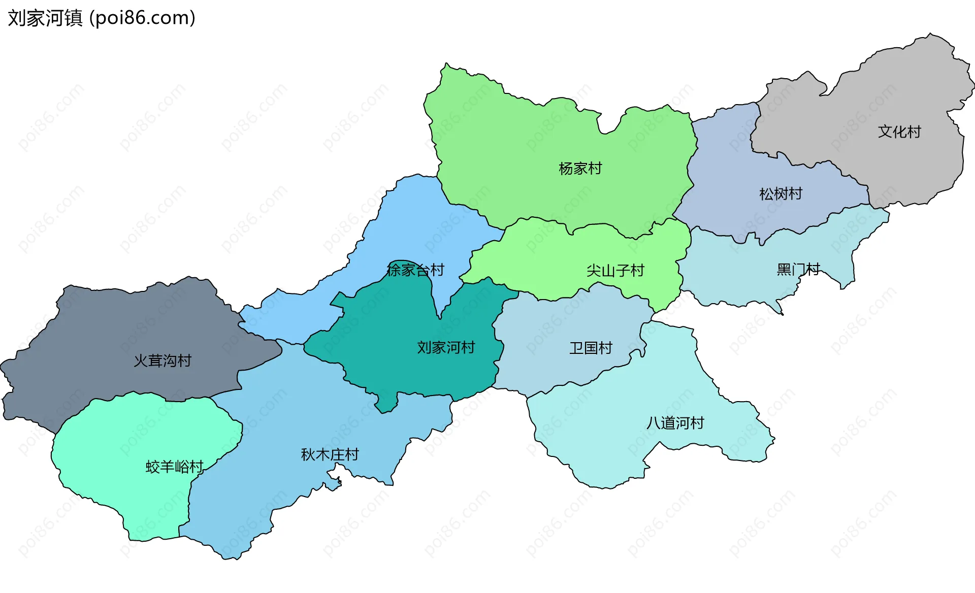 刘家河镇边界地图(五级行政区划)