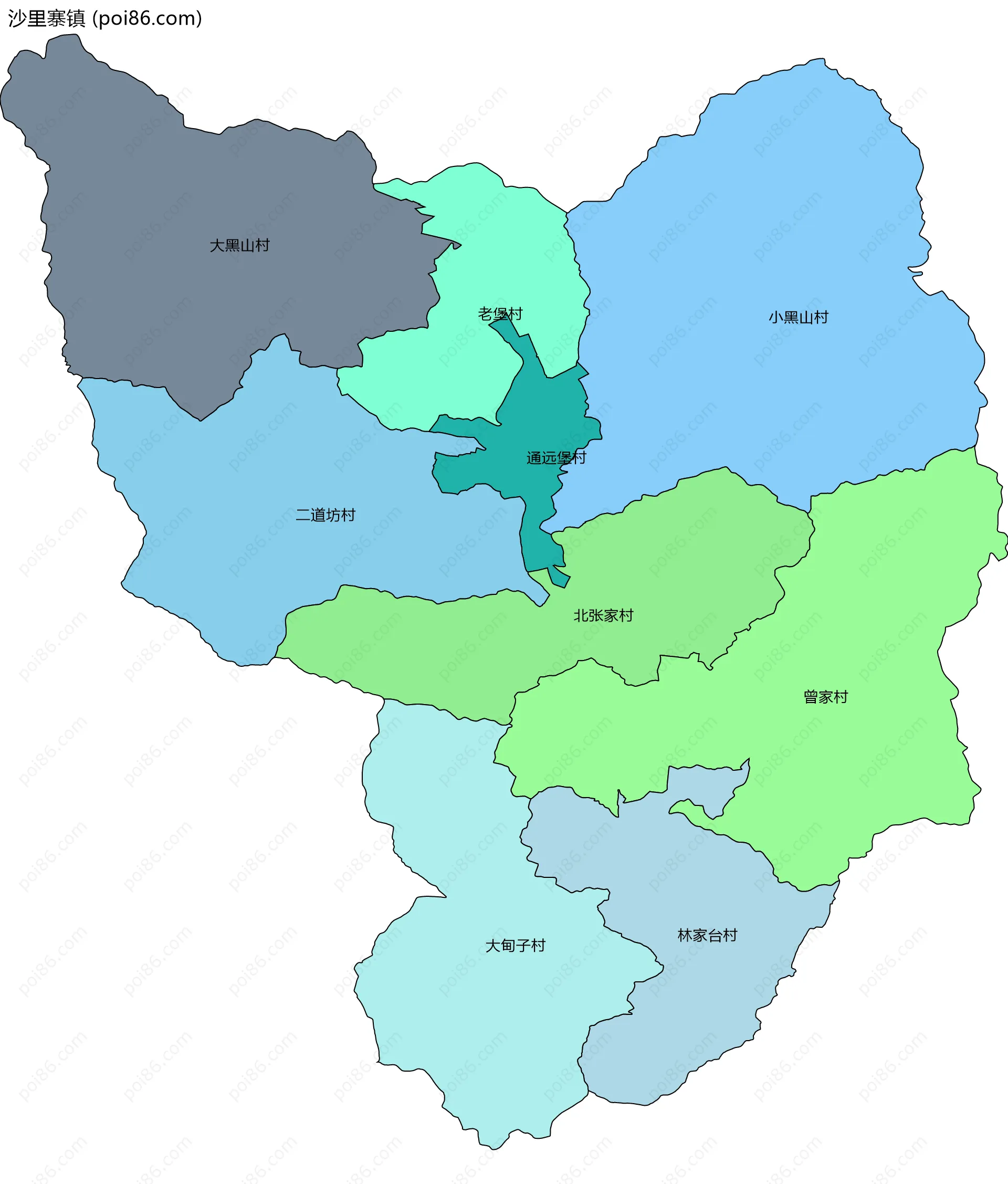 沙里寨镇边界地图(五级行政区划)