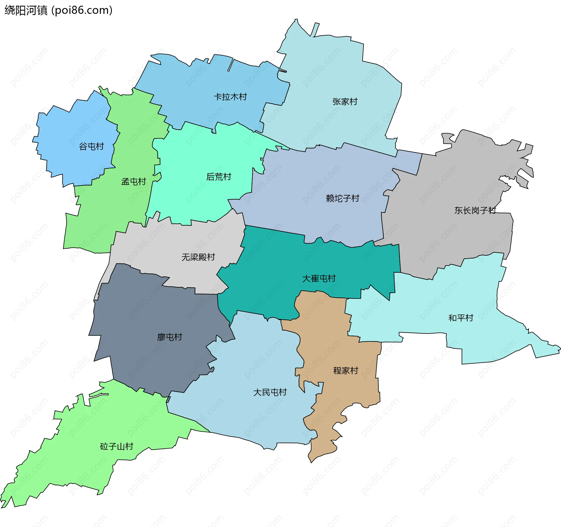 绕阳河镇边界地图(五级行政区划)