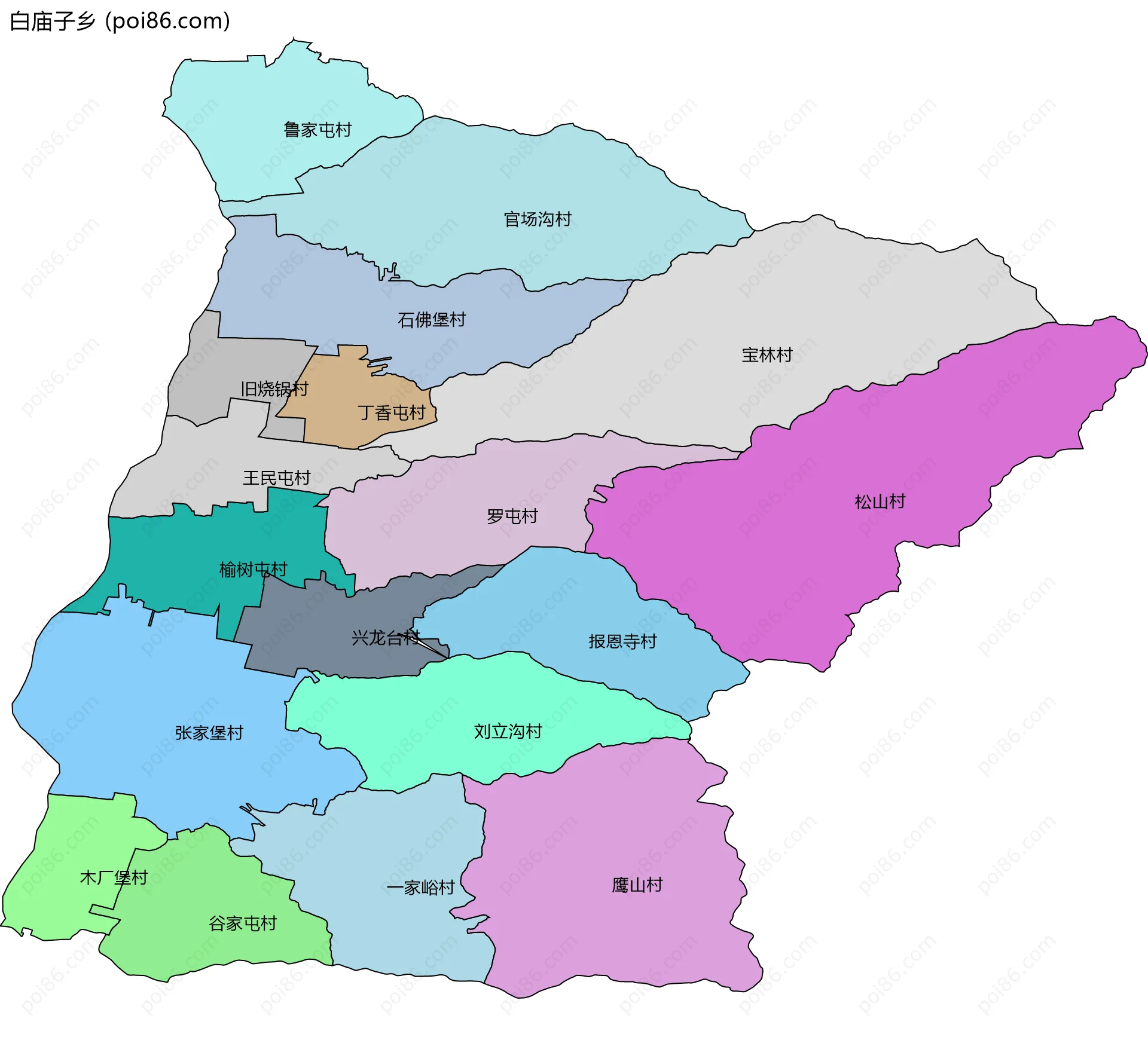 白庙子乡边界地图(五级行政区划)