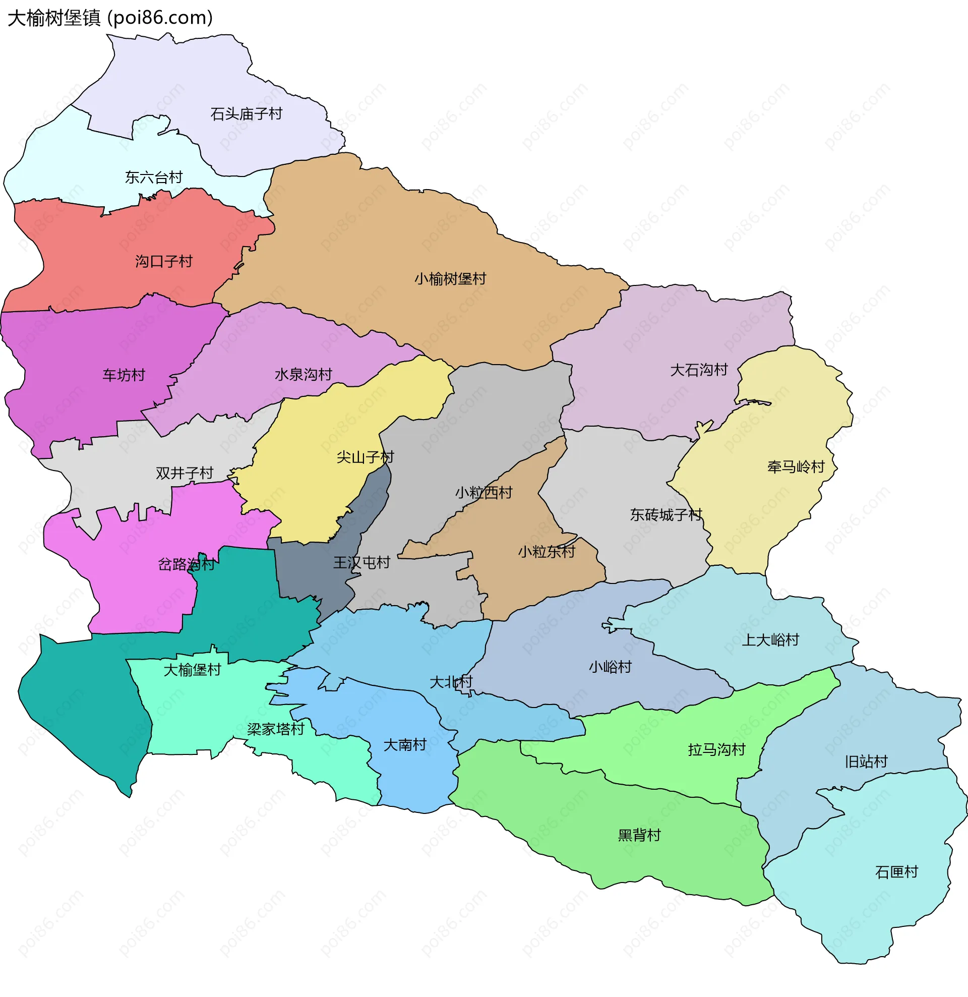 大榆树堡镇边界地图(五级行政区划)