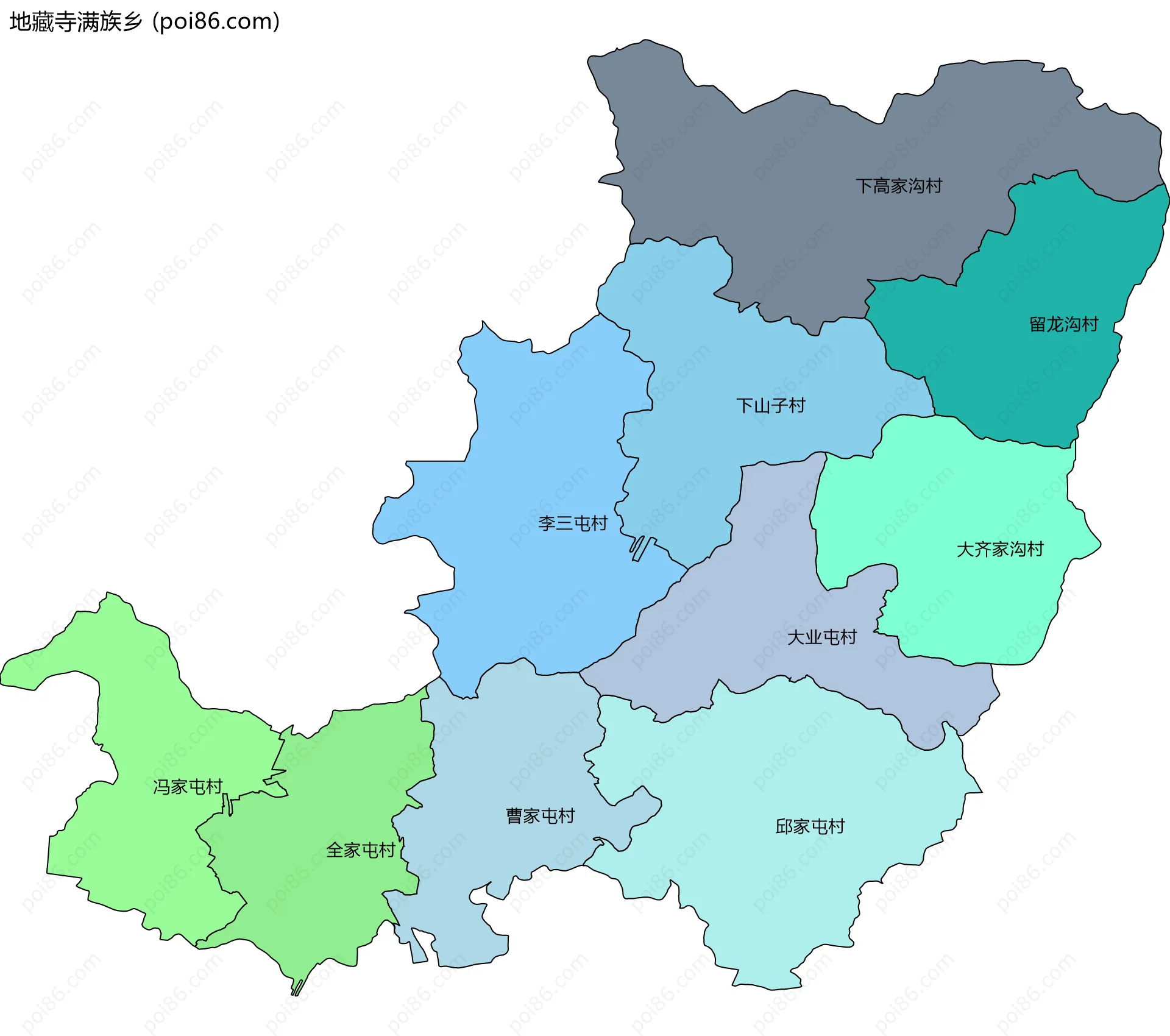 地藏寺满族乡边界地图(五级行政区划)