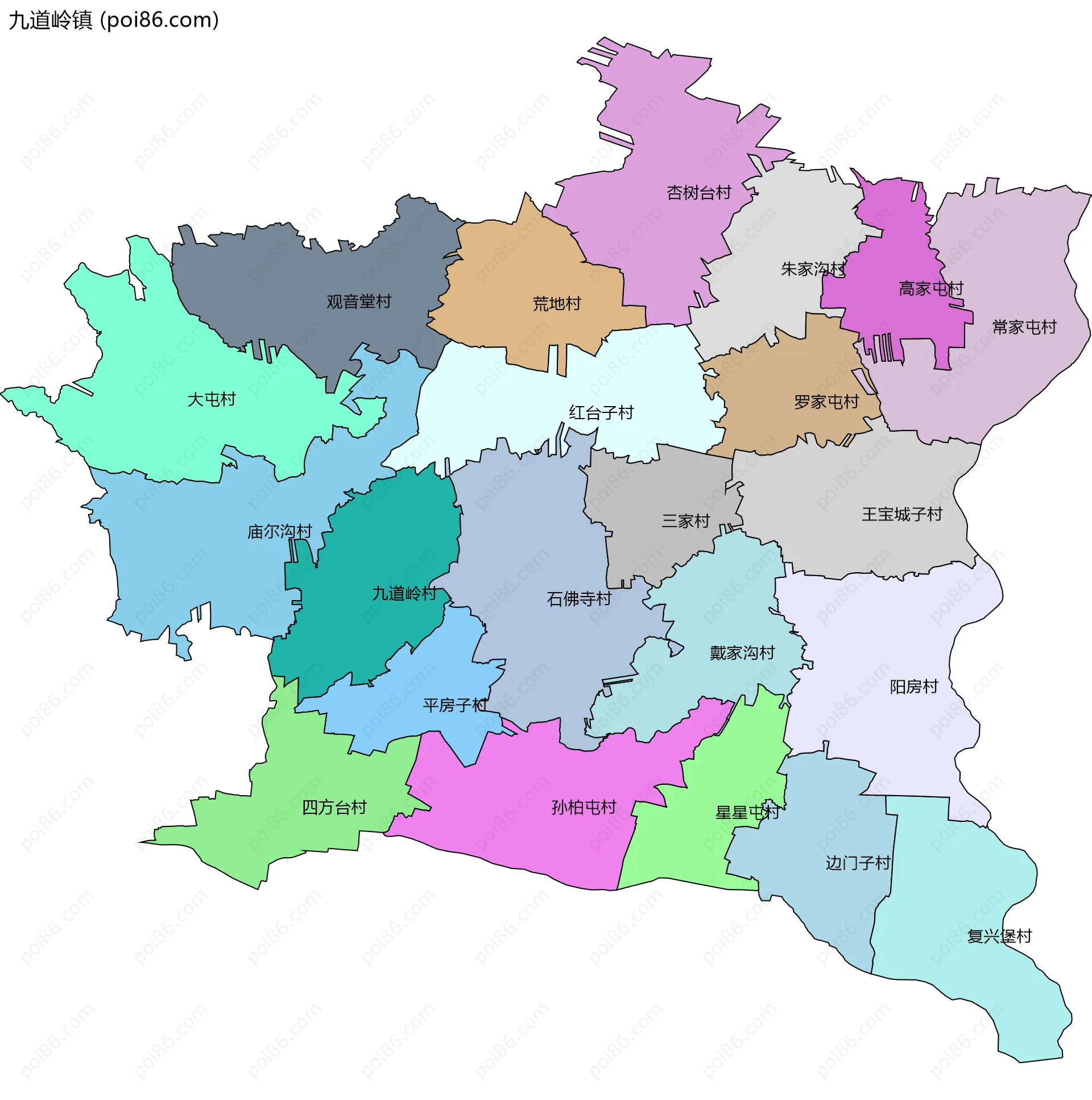 九道岭镇边界地图(五级行政区划)