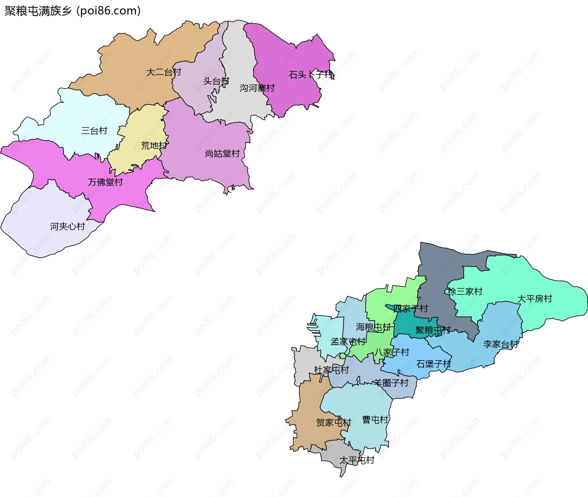 聚粮屯满族乡边界地图(五级行政区划)
