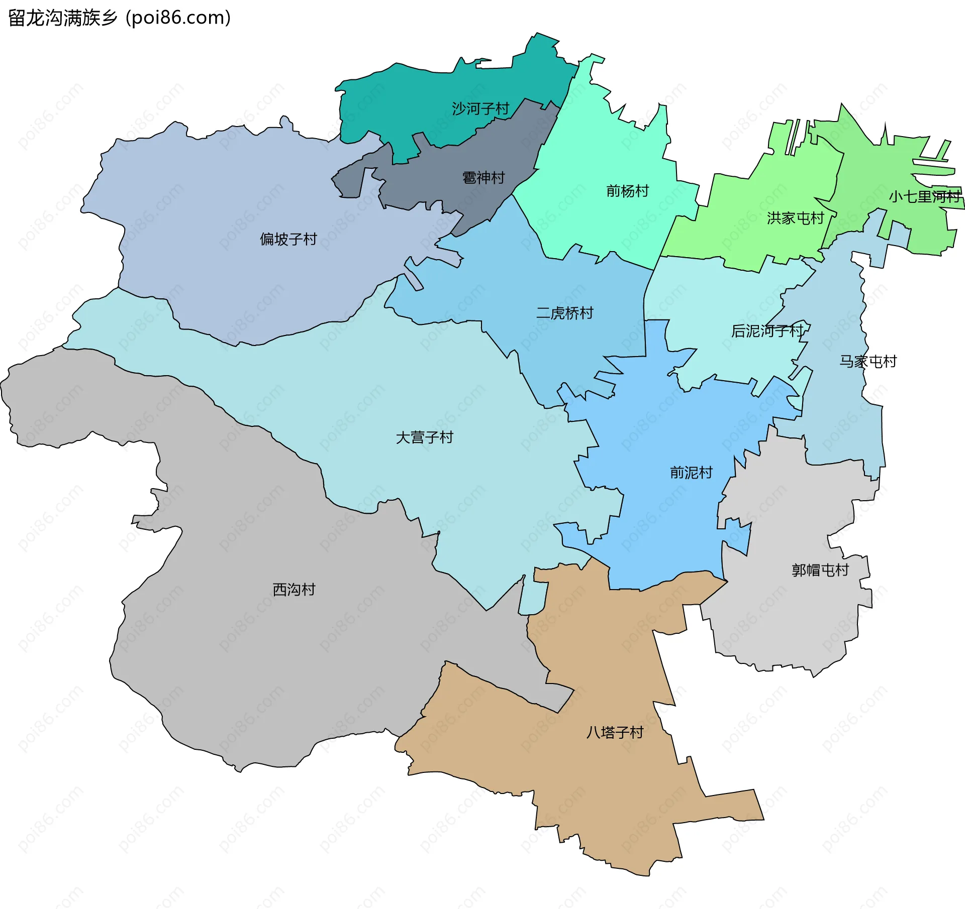 留龙沟满族乡边界地图(五级行政区划)
