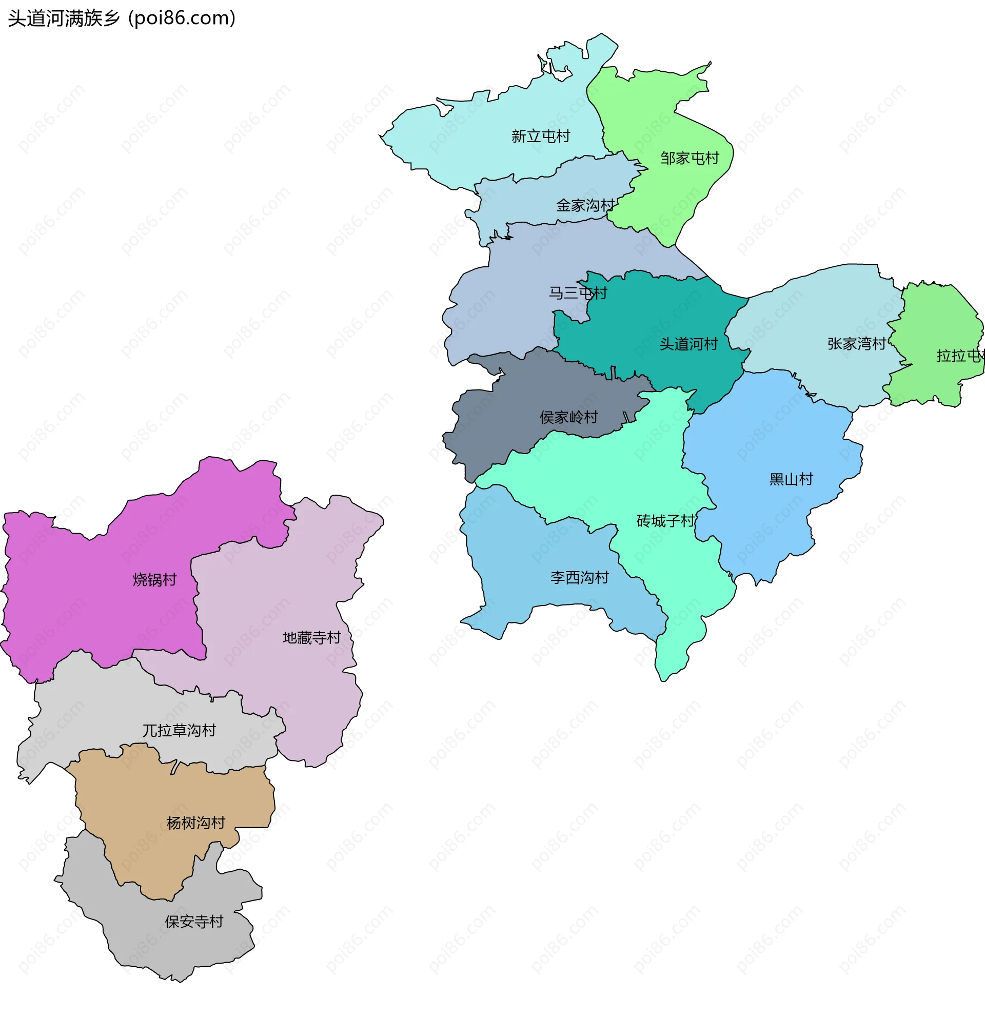 头道河满族乡边界地图(五级行政区划)