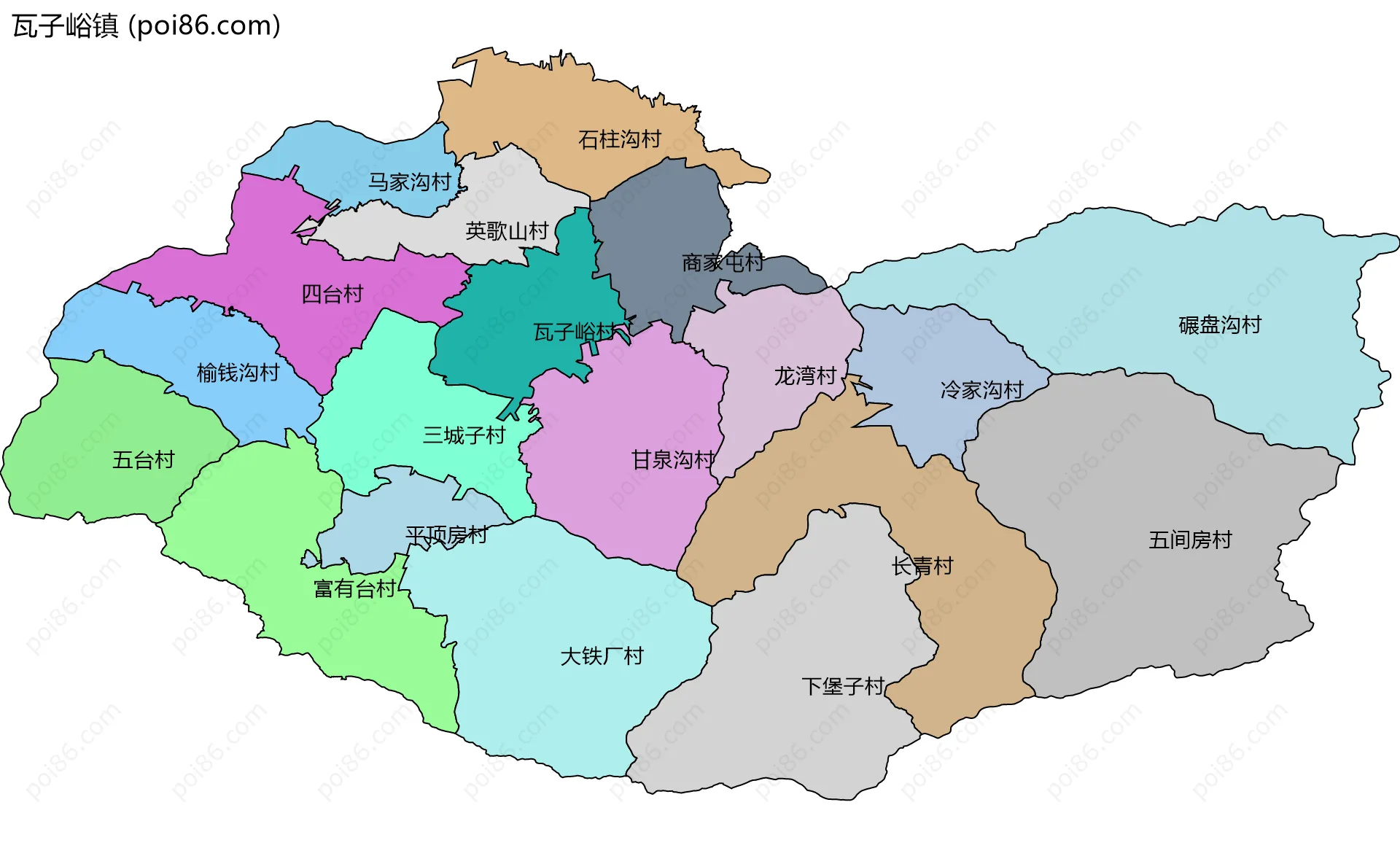 瓦子峪镇边界地图(五级行政区划)