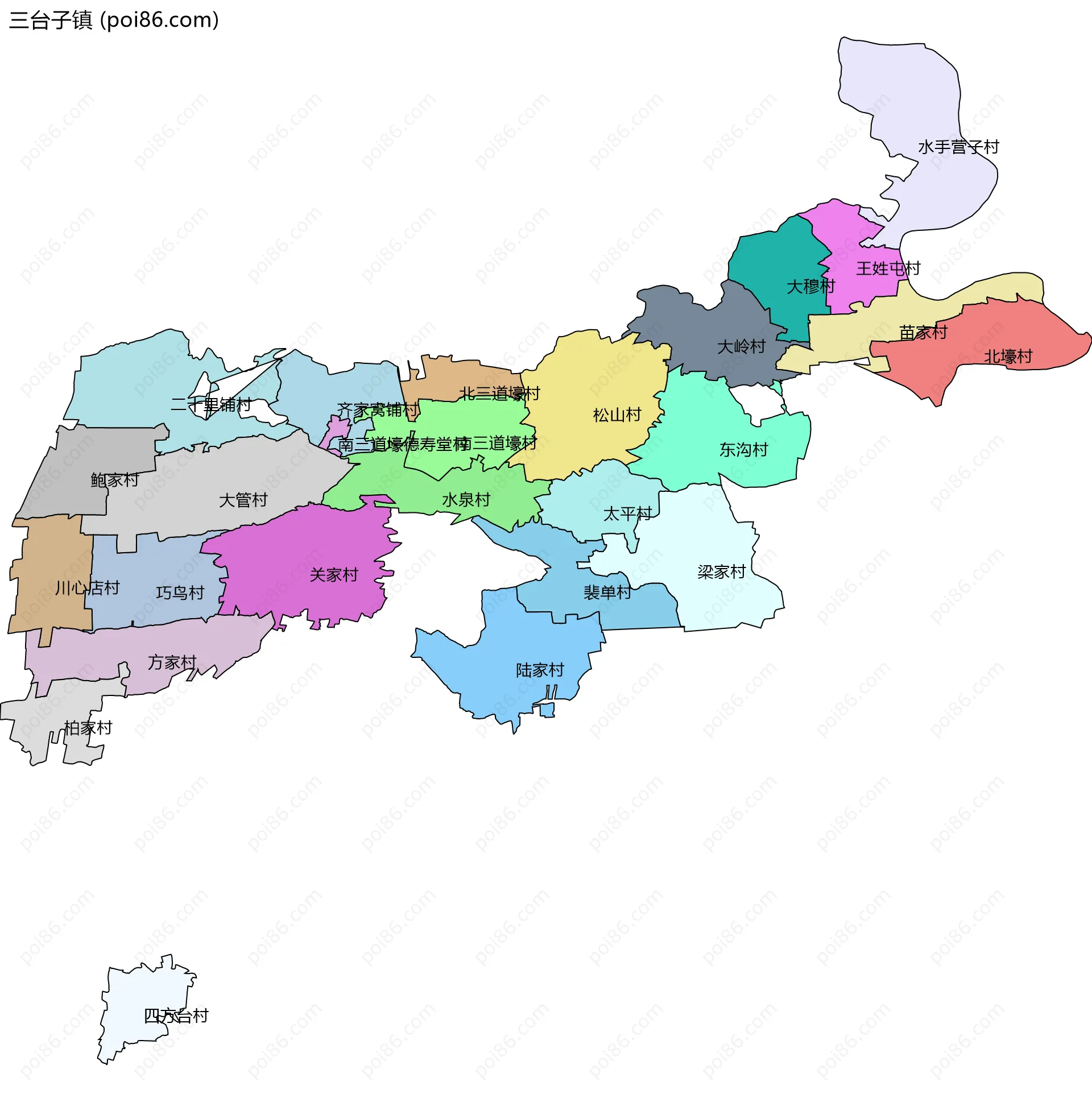 三台子镇边界地图(五级行政区划)