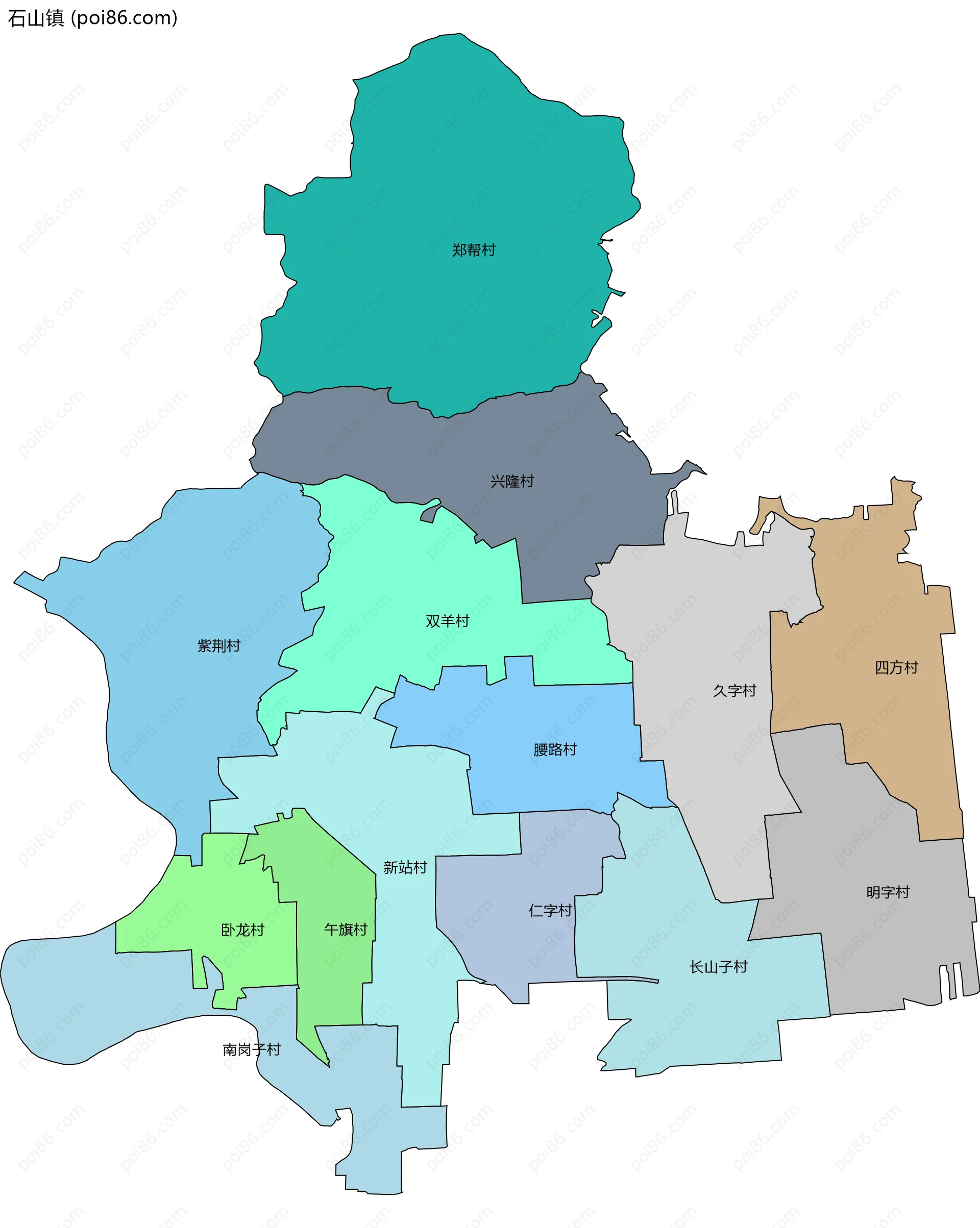 石山镇边界地图(五级行政区划)