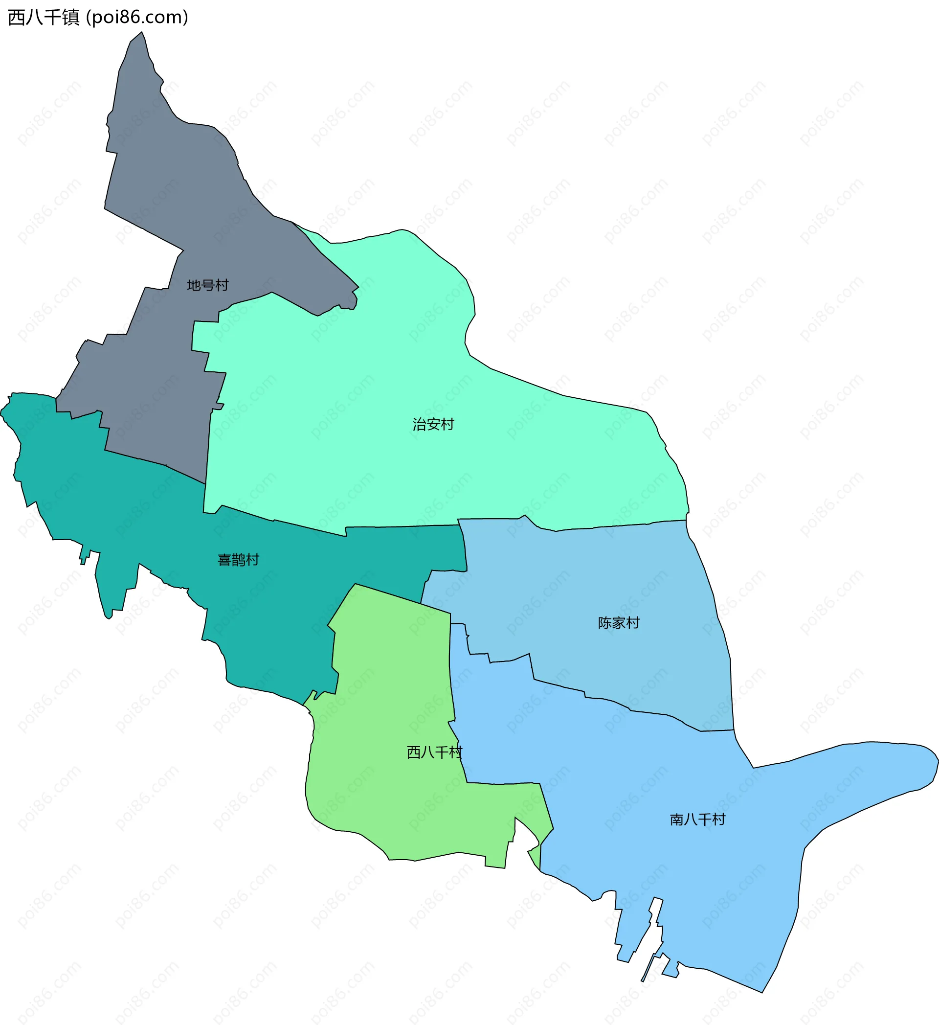 西八千镇边界地图(五级行政区划)