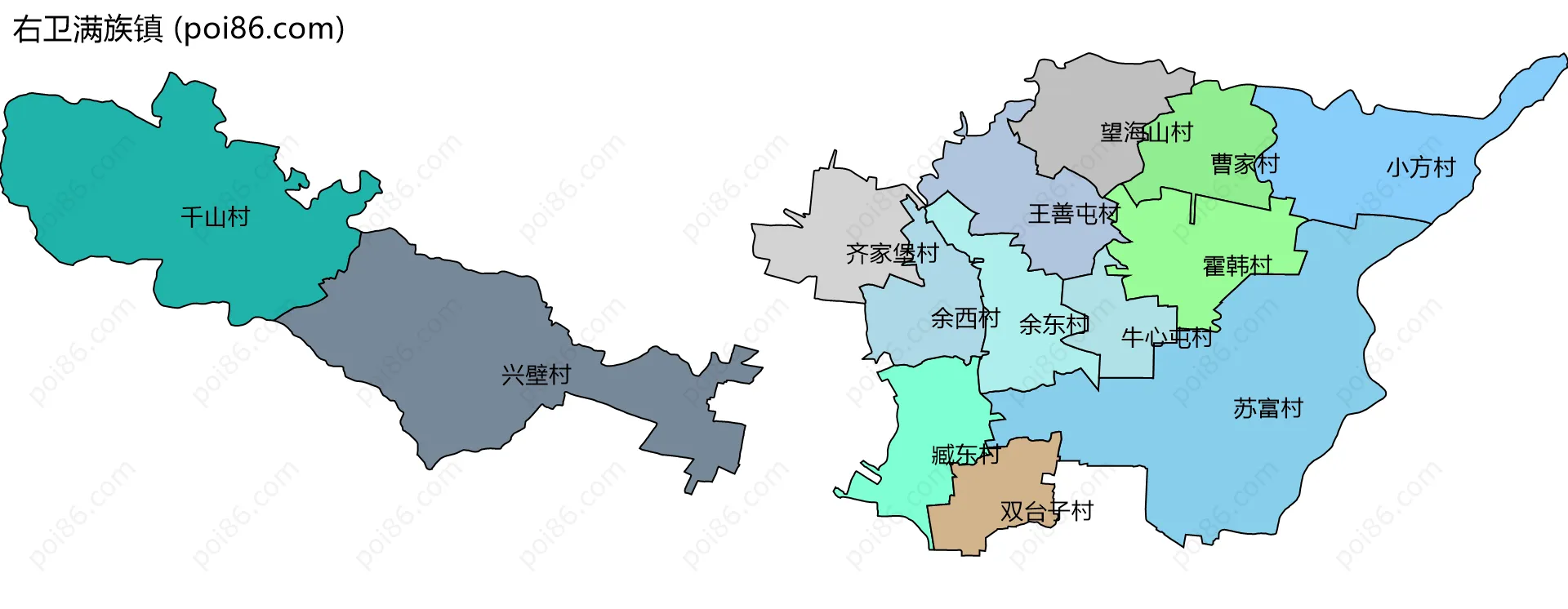 右卫满族镇边界地图(五级行政区划)