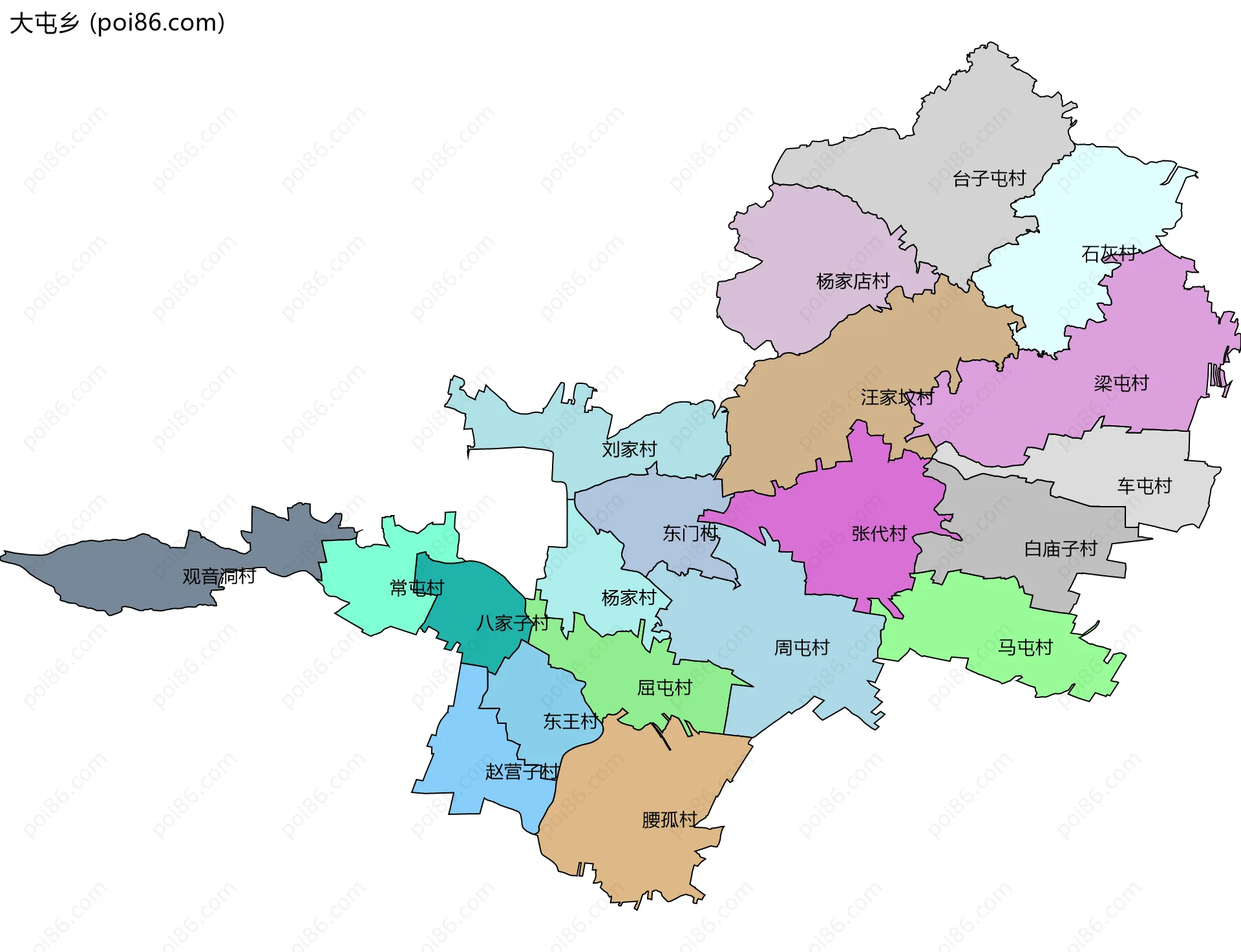 大屯乡边界地图(五级行政区划)