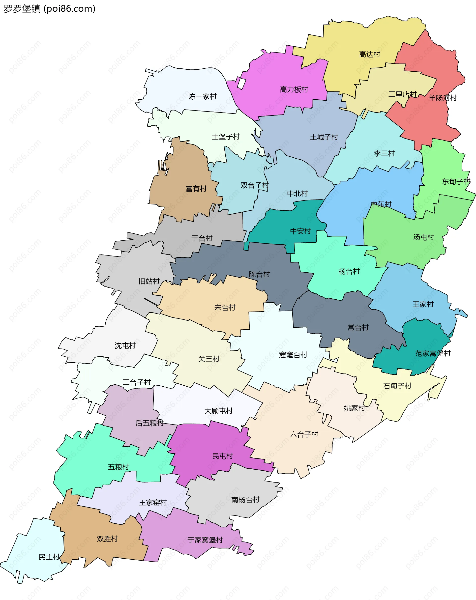 罗罗堡镇边界地图(五级行政区划)