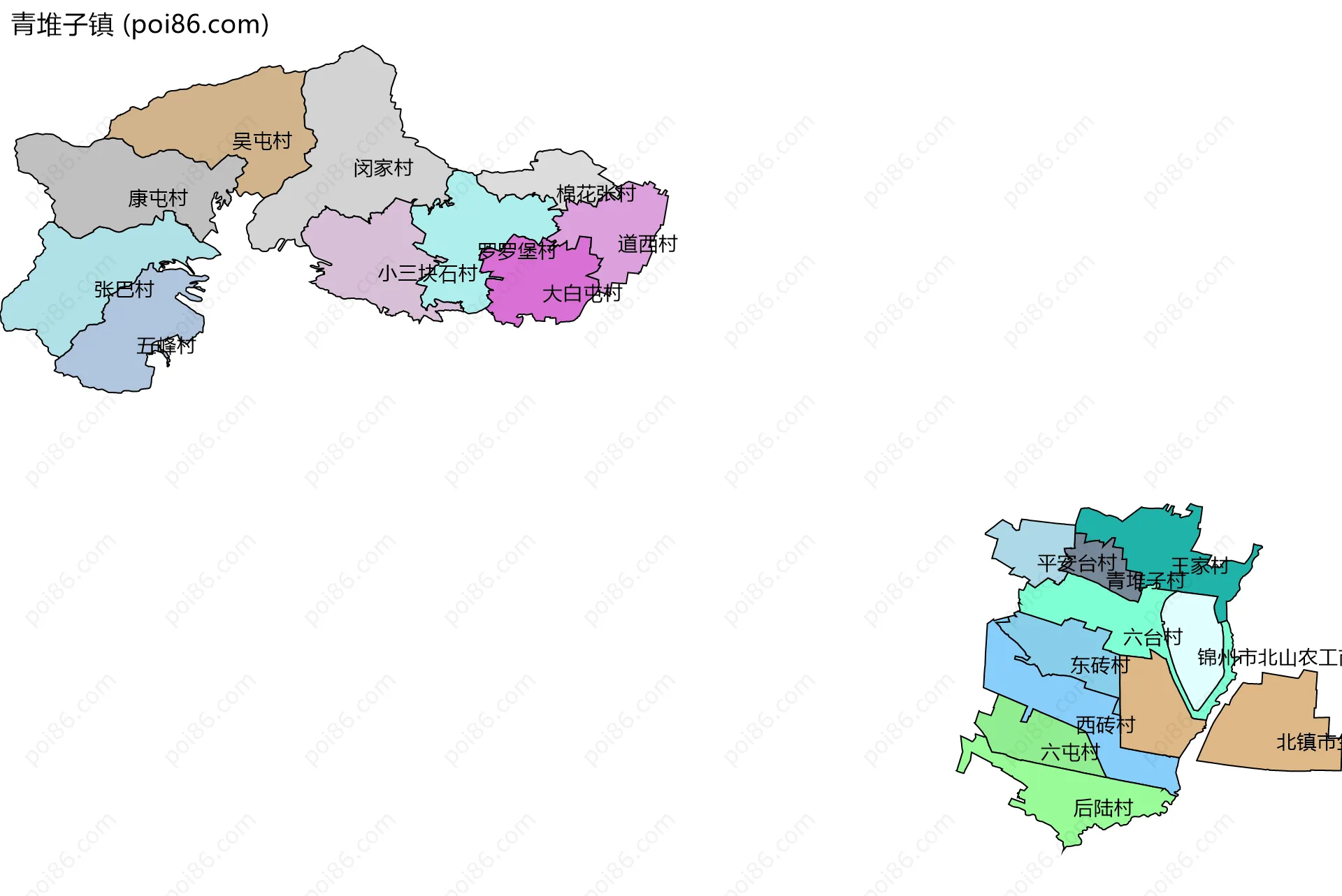 青堆子镇边界地图(五级行政区划)