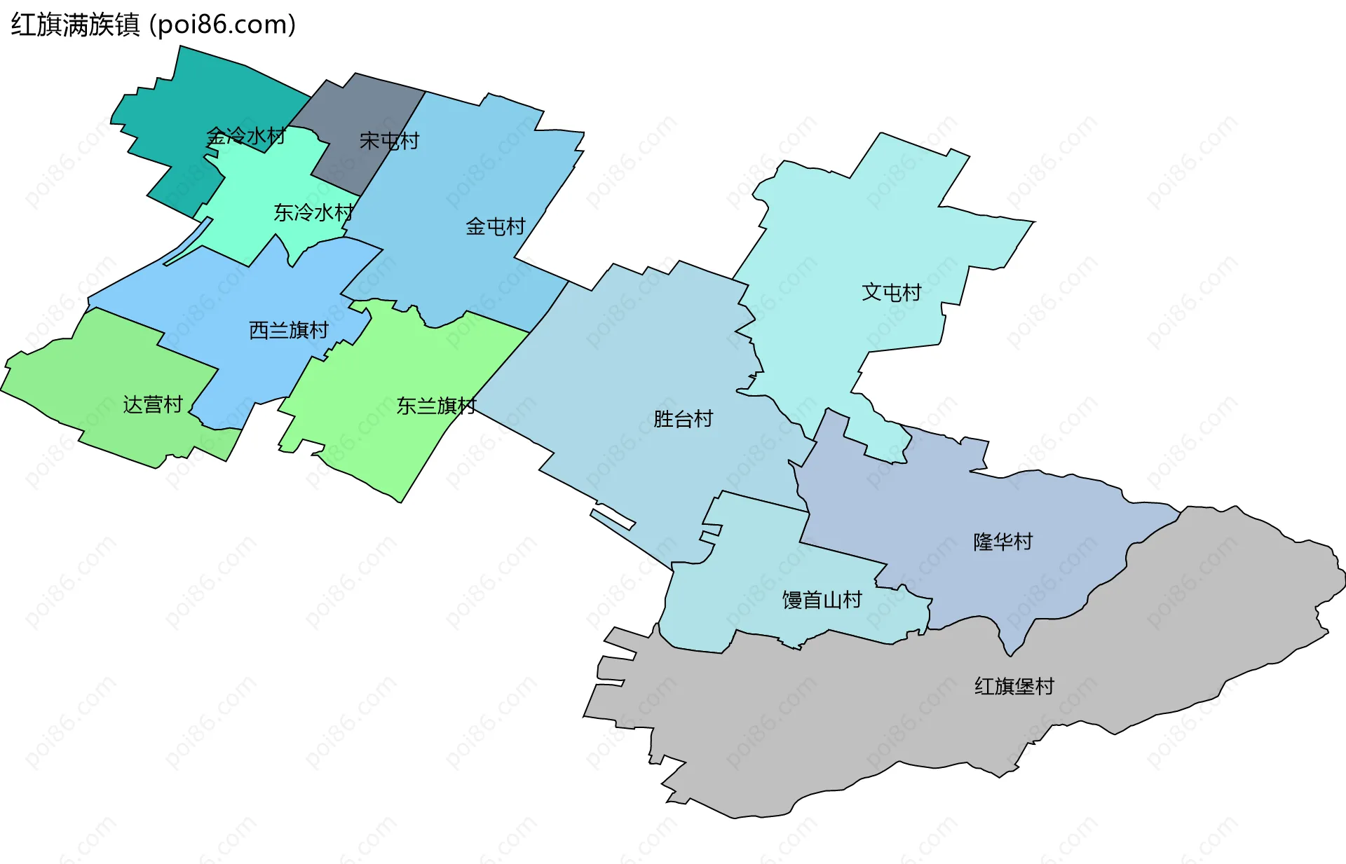 红旗满族镇边界地图(五级行政区划)