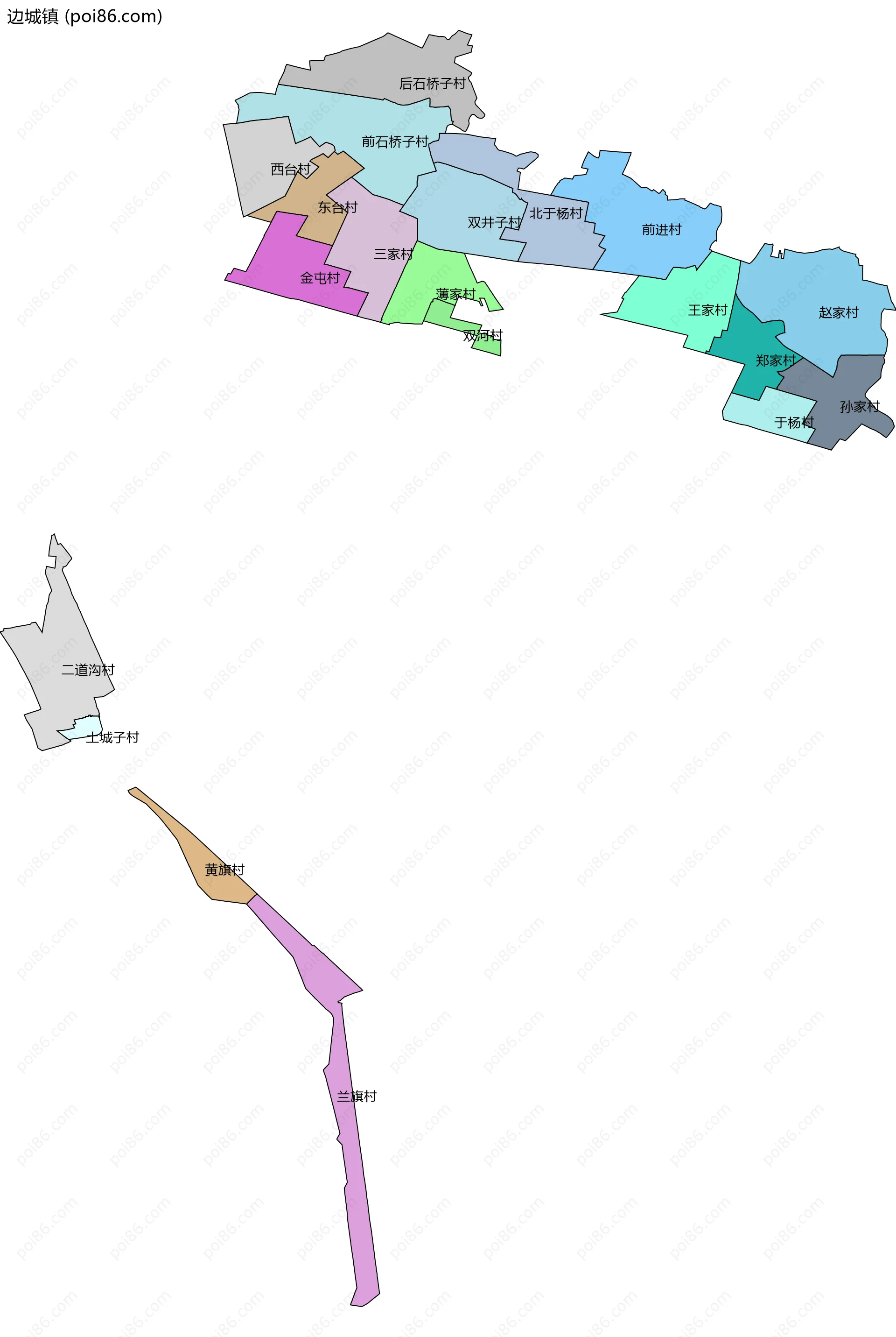 边城镇边界地图(五级行政区划)