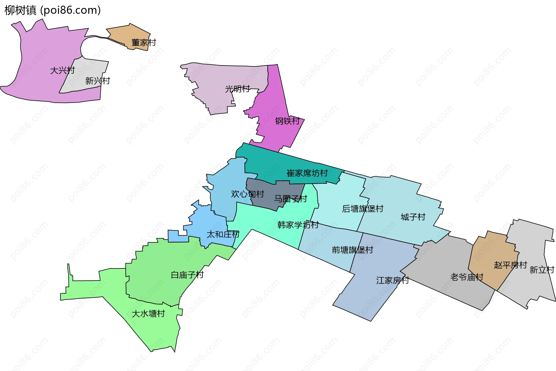柳树镇边界地图(五级行政区划)