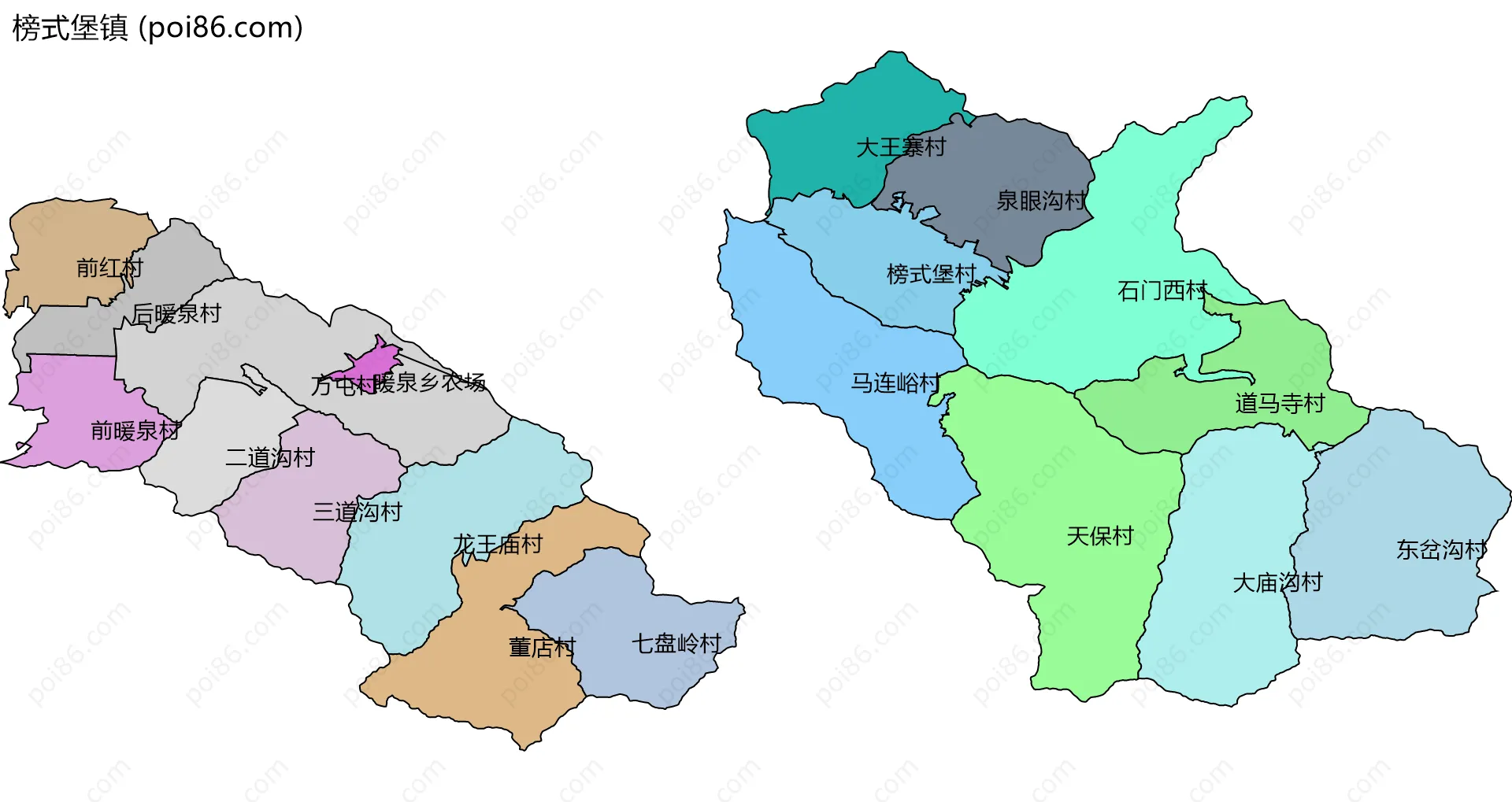 榜式堡镇边界地图(五级行政区划)
