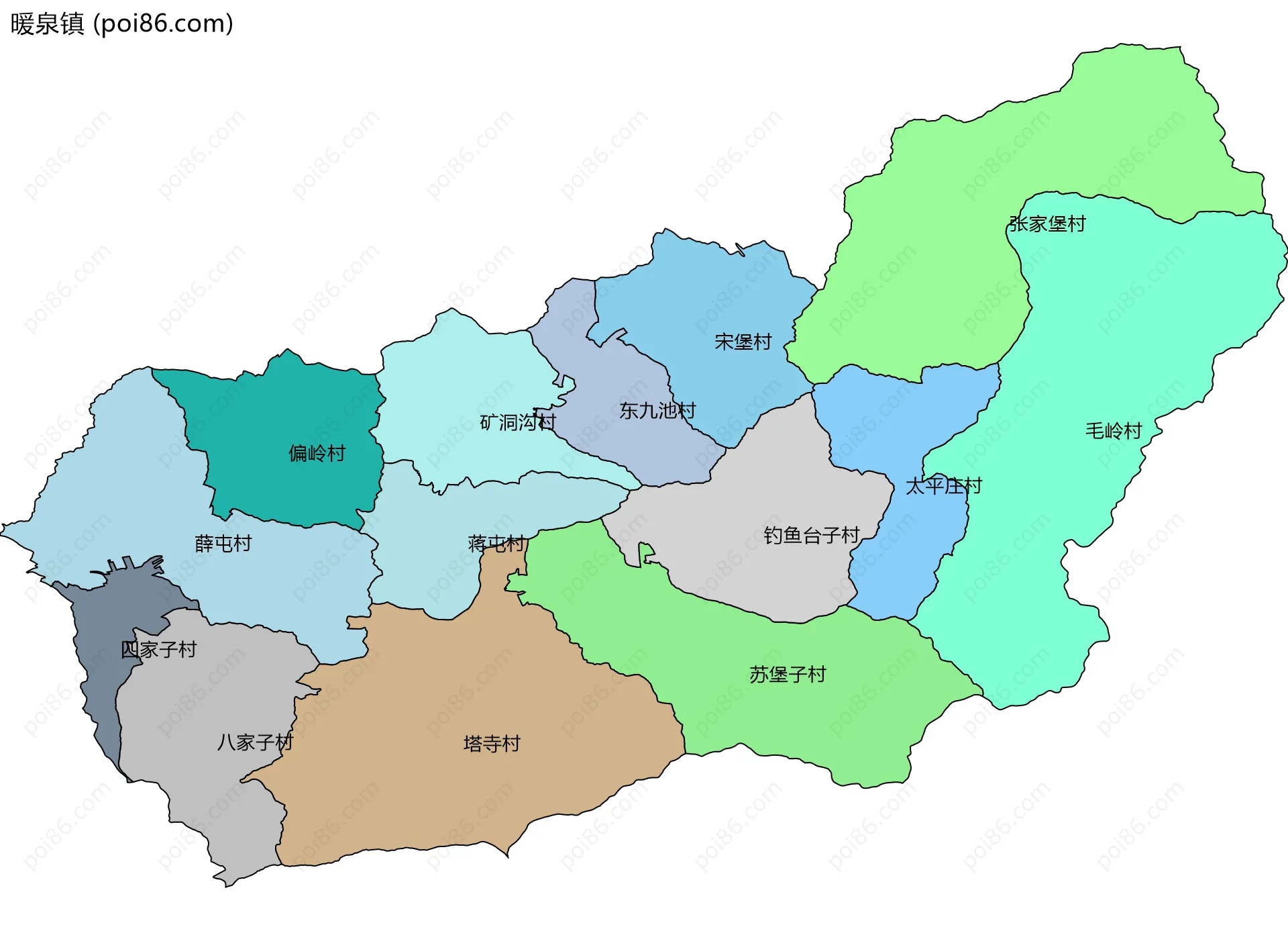 暖泉镇边界地图(五级行政区划)