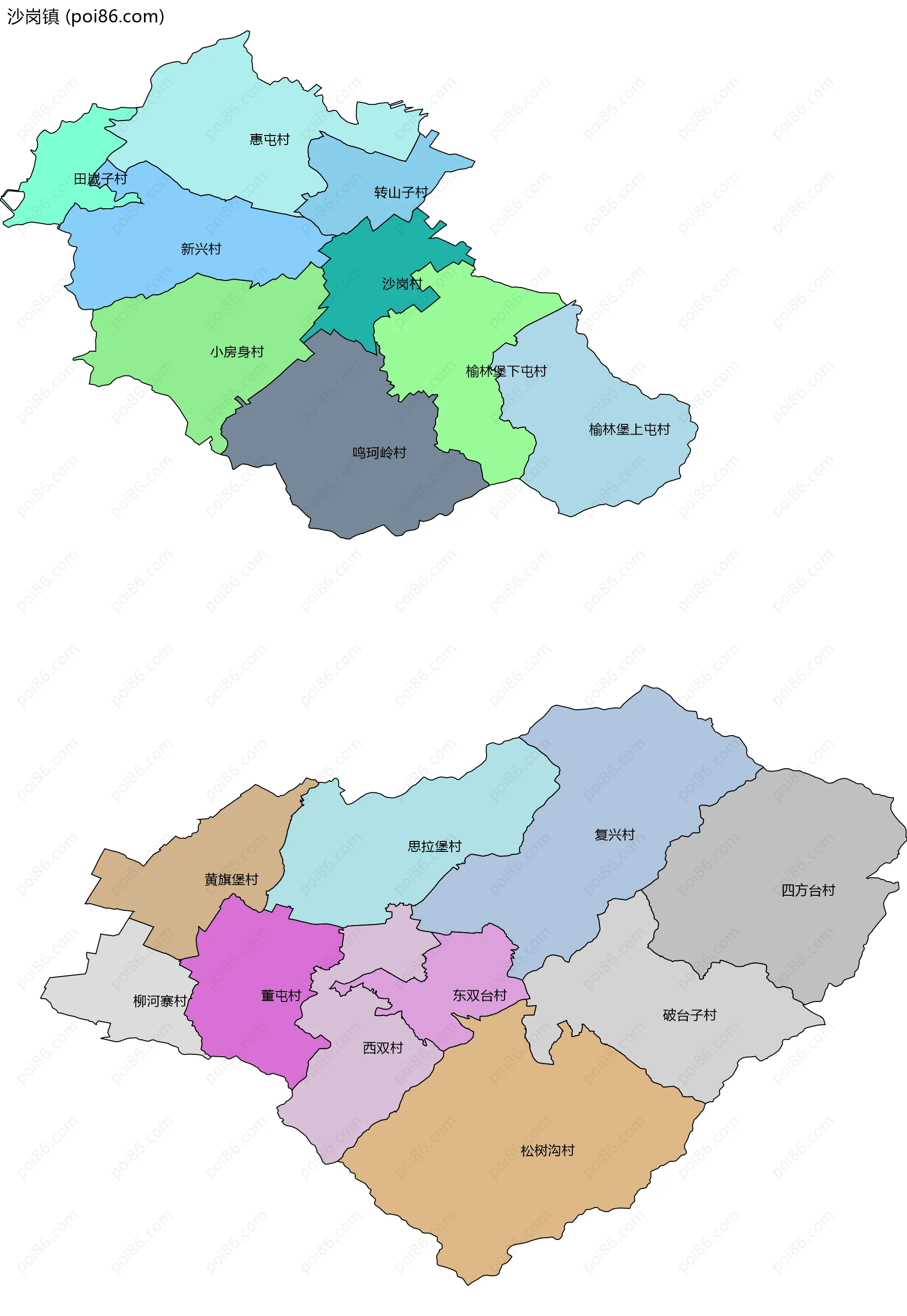 沙岗镇边界地图(五级行政区划)