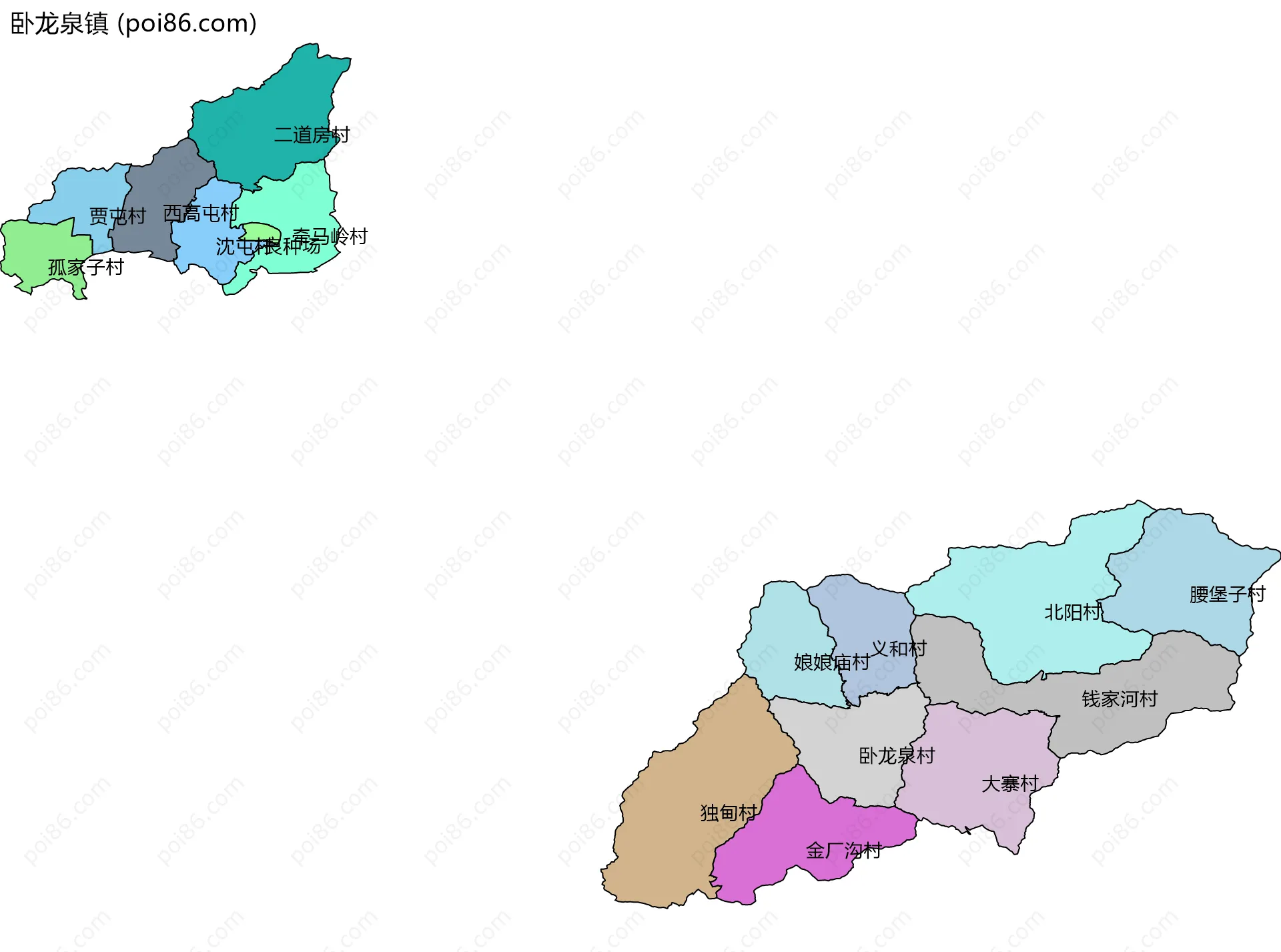卧龙泉镇边界地图(五级行政区划)