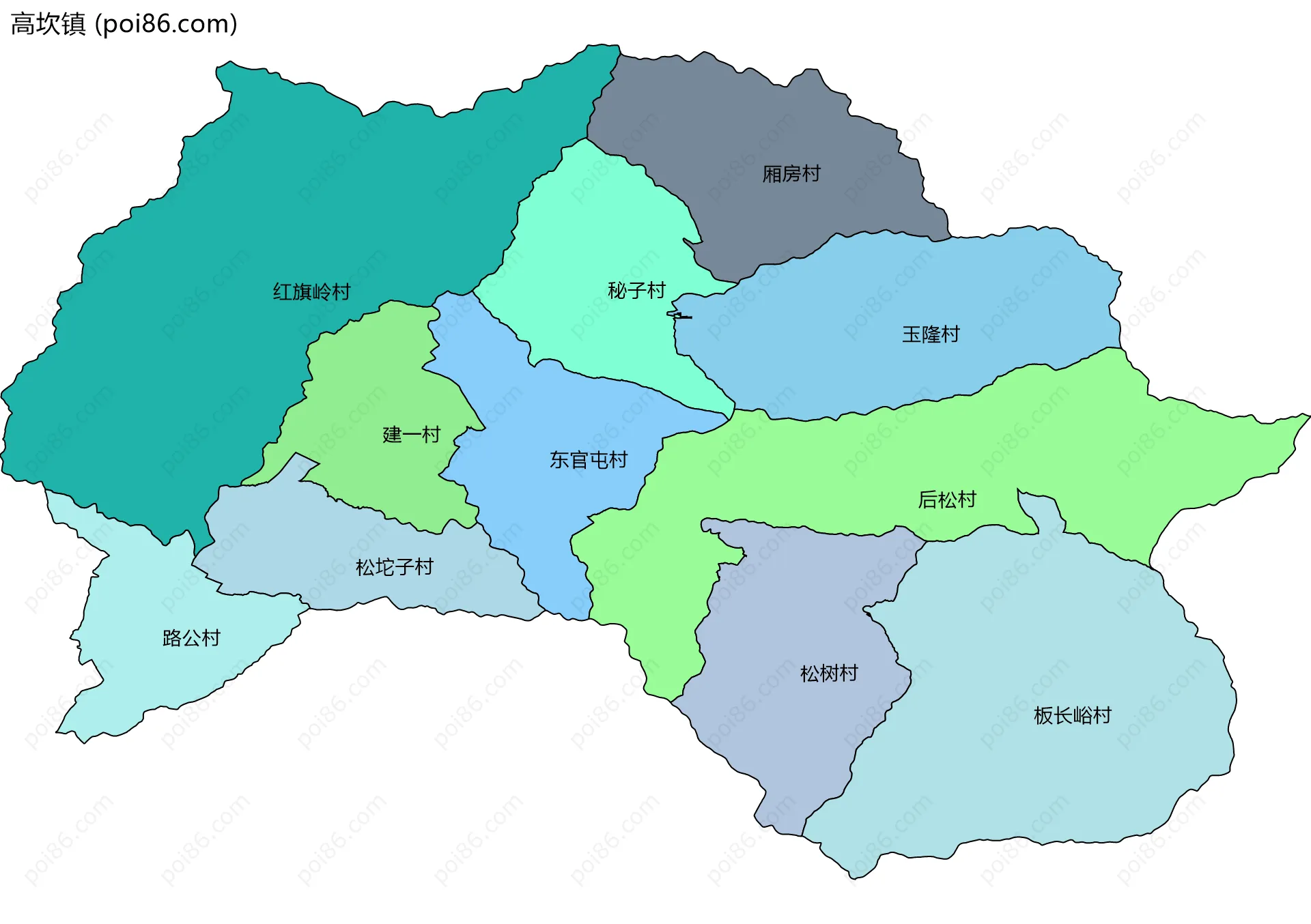 高坎镇边界地图(五级行政区划)