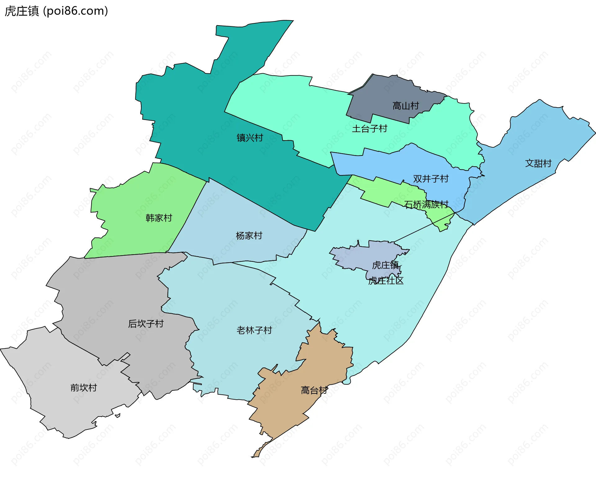 虎庄镇边界地图(五级行政区划)