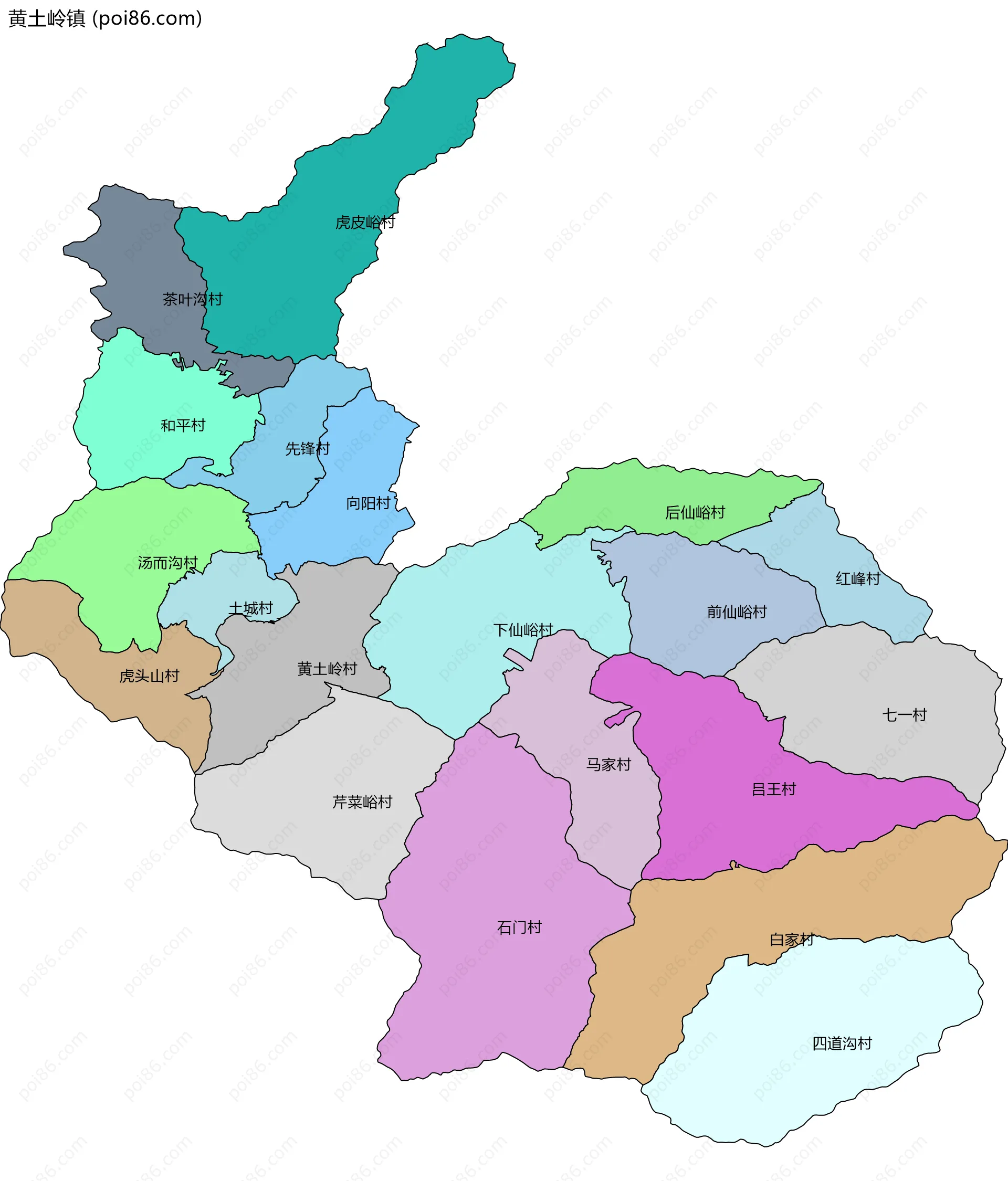 黄土岭镇边界地图(五级行政区划)