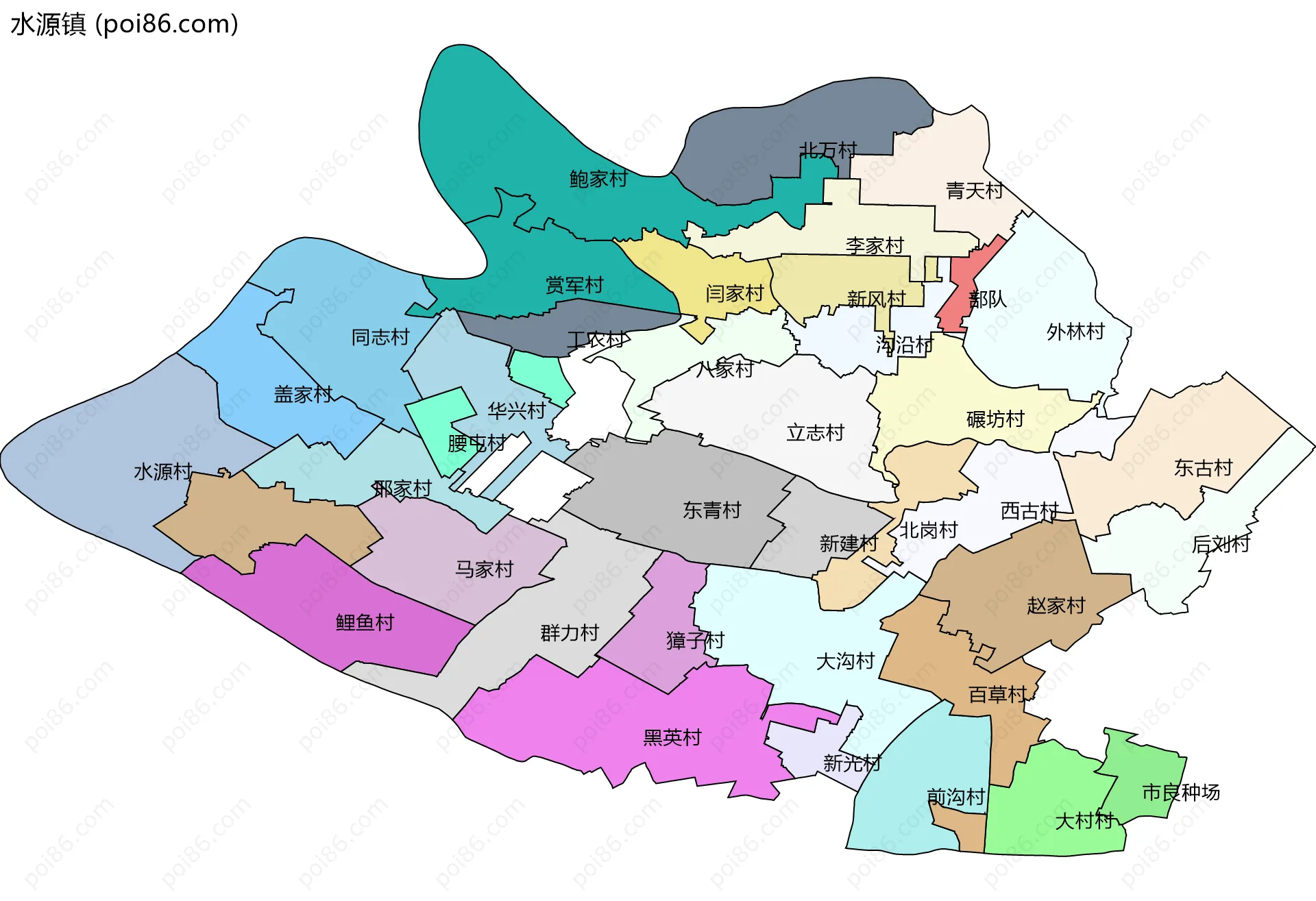 水源镇边界地图(五级行政区划)