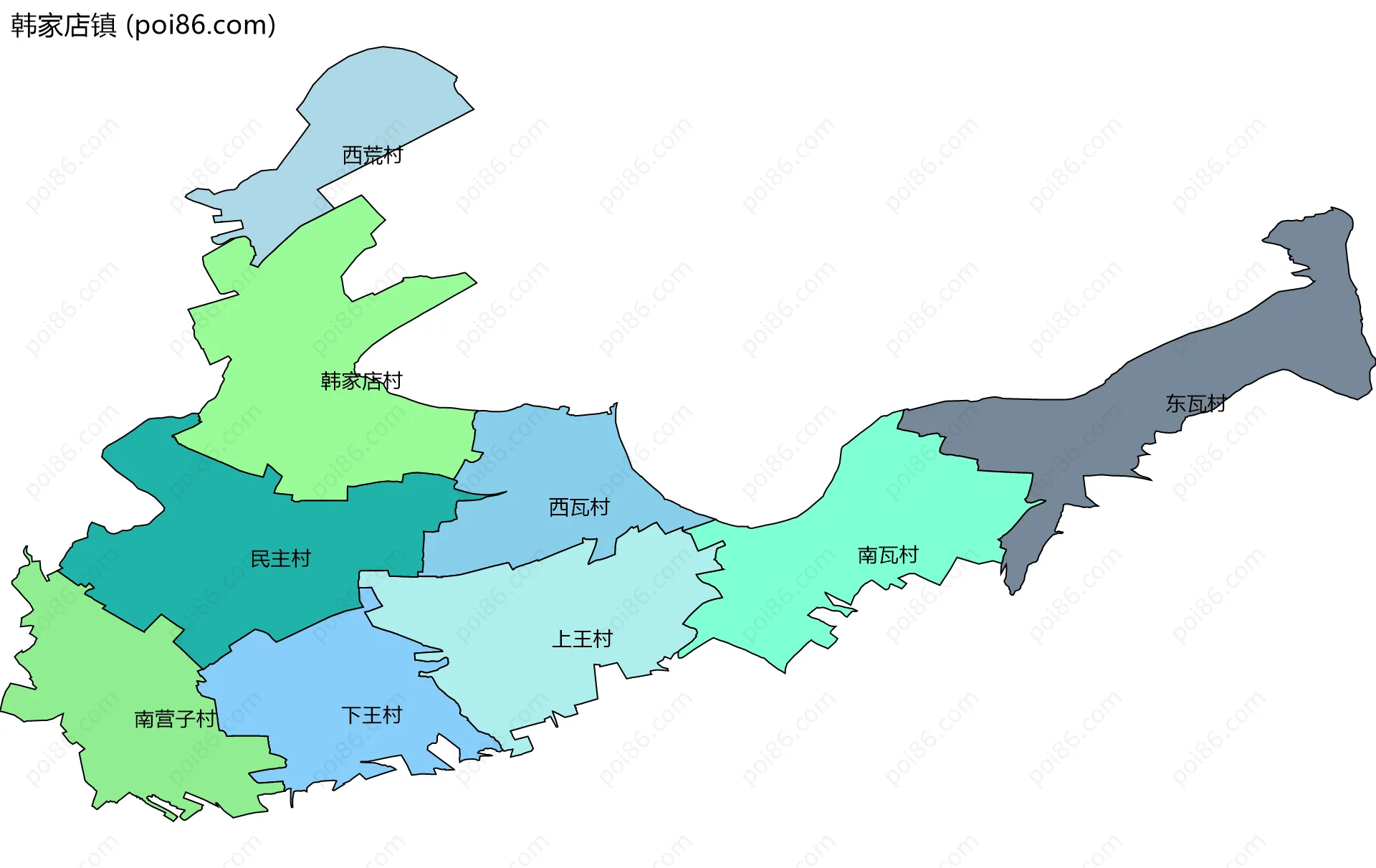 韩家店镇边界地图(五级行政区划)