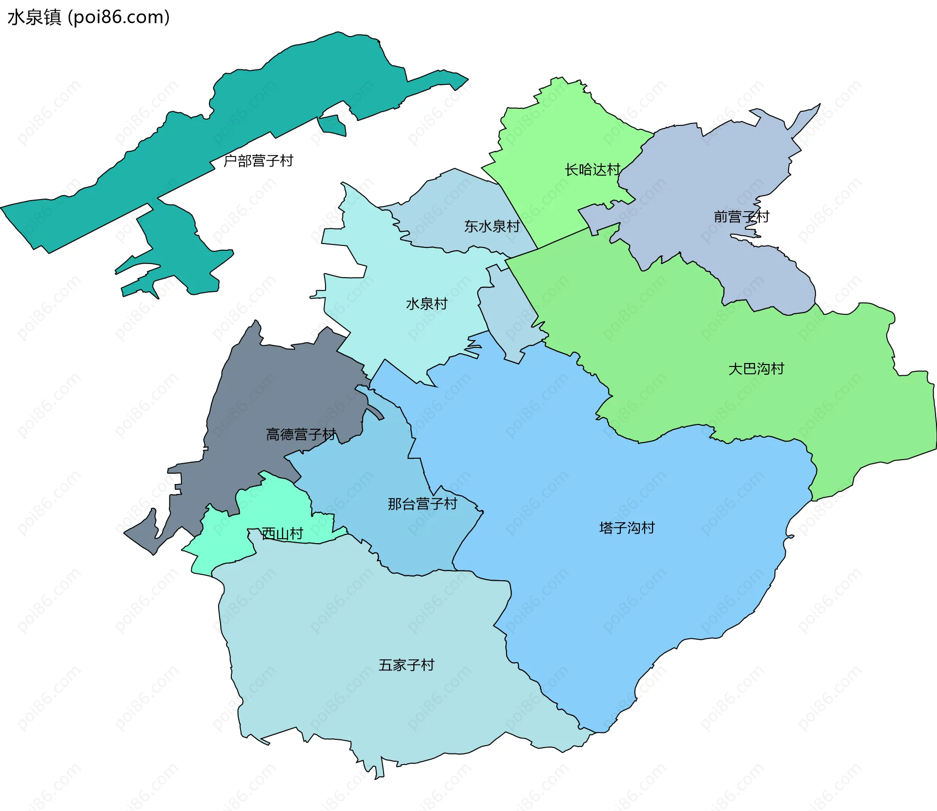 水泉镇边界地图(五级行政区划)
