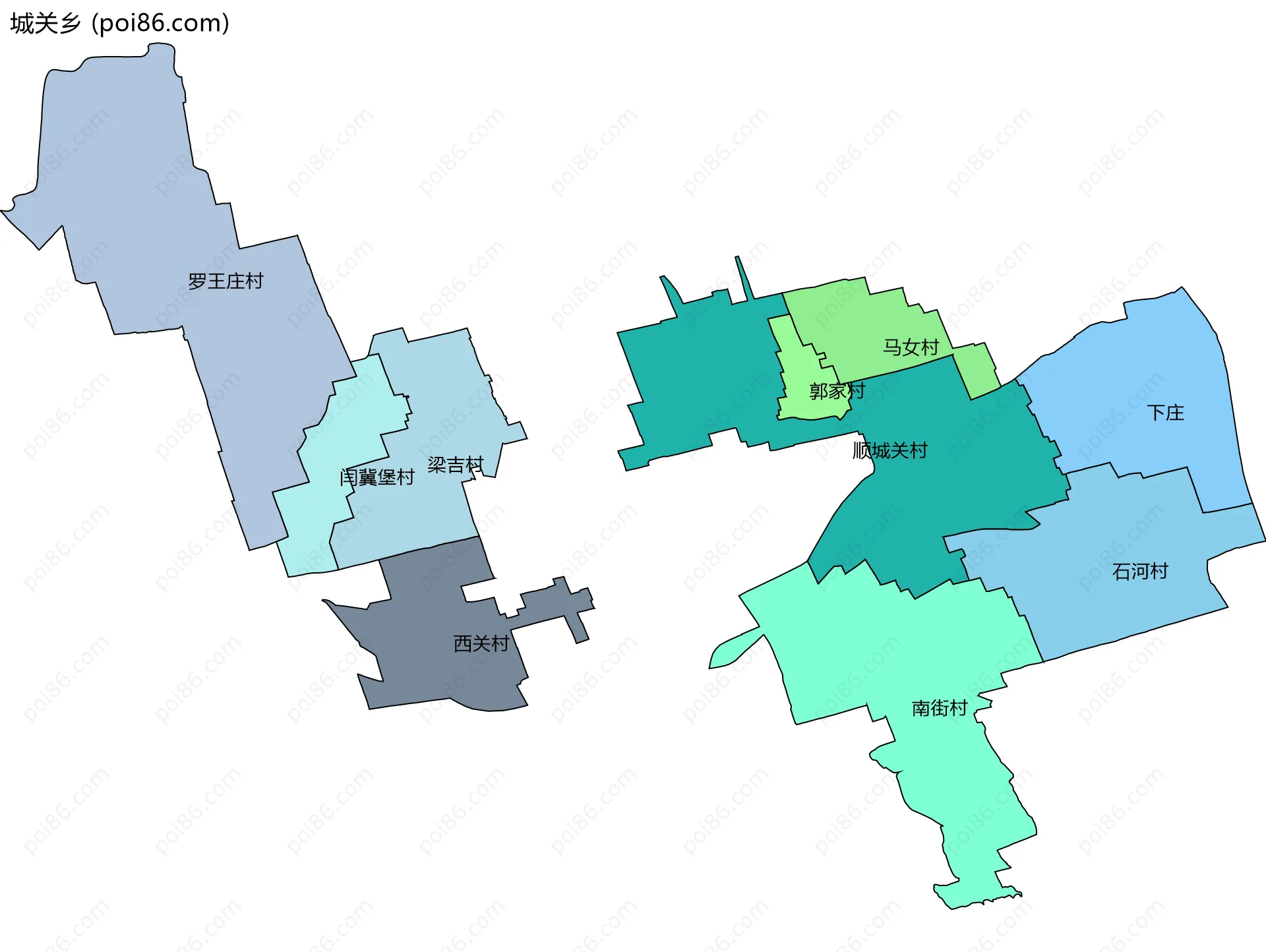 城关乡边界地图(五级行政区划)