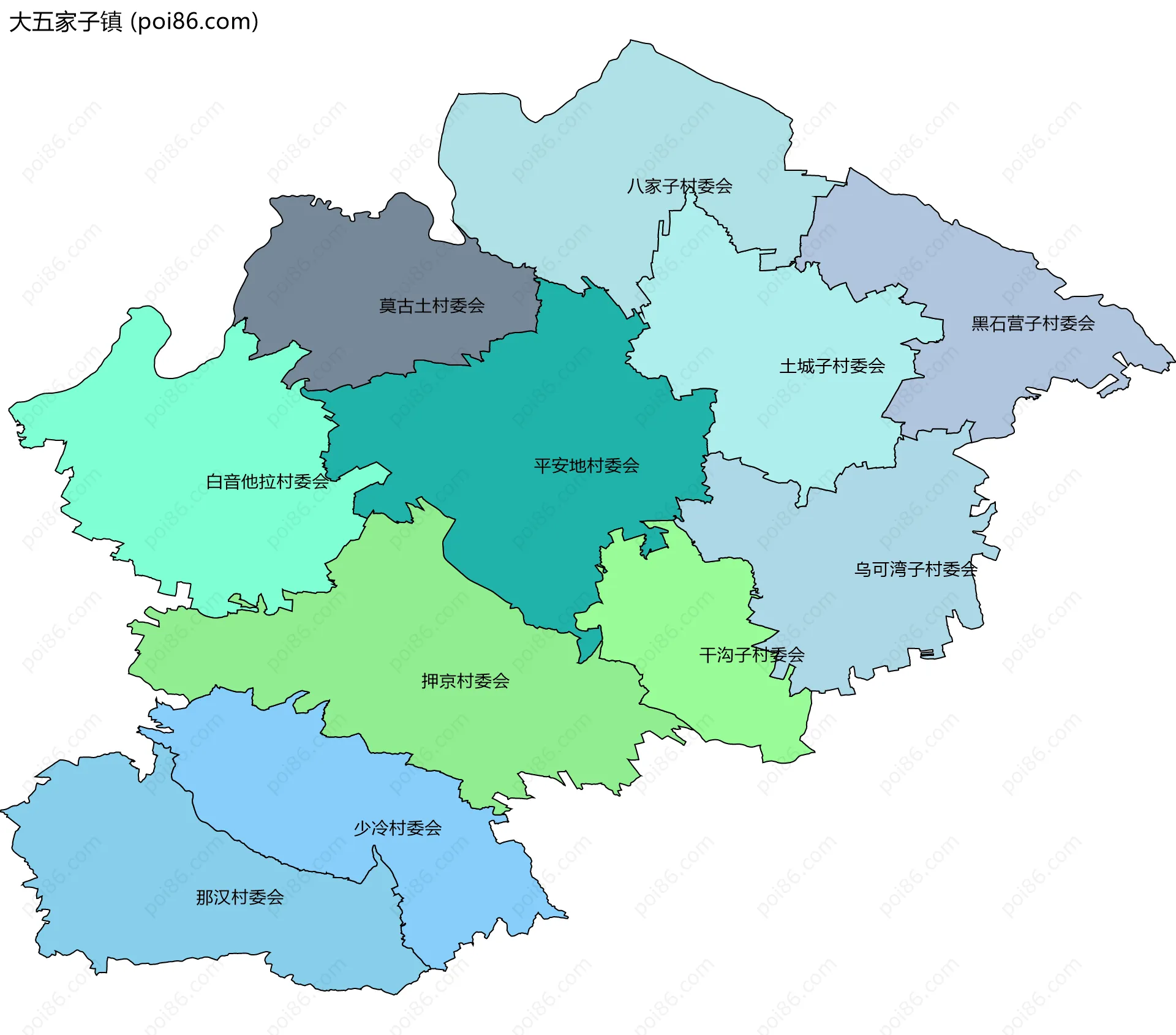 大五家子镇边界地图(五级行政区划)